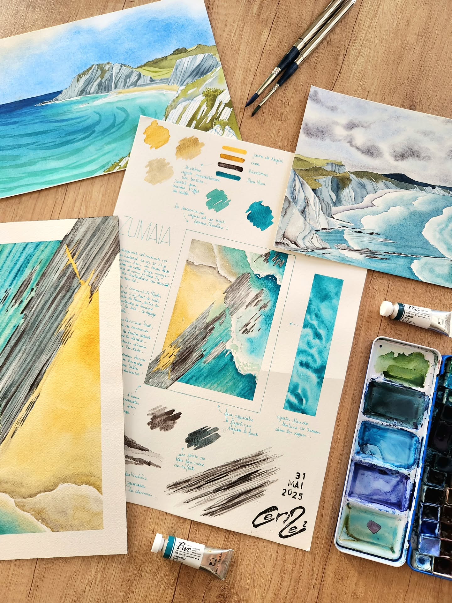 🩵 ZUMAIA 💙
Je peins dans des carnets depuis plus de 10ans maintenant, capturant la beauté des lieux partout dans le monde et dans ma région natale.
Pour cette année 2026, j'ai décidé de mettre à l'honneur les Pyrénées et le Pays Basque à travers 24 illustrations. Pour chacune, je vais réaliser une planche d'étude et une illustration très grand format à l'aquarelle ou dans un autre médium...
La série Fragments du Regard - Secrets Basques illustre l'idée que "Chaque lieu mérite une page"
Et pour commencer ma série Basque, j'ai choisi un lieu et un point de vue très particulier. Une plage sauvage que j'ai découvert en 2022, en allant me balader seule sur les terres basques espagnoles, Zumaia. Cette plage est incroyable. Pour diverses raisons. Mais ce que j'aime le plus c'est la rencontre entre les éléments ...
N'hésitez pas à partager vos endroits favoris du Pays Basque en commentaire, histoire de voir si nous les partageons ?
#fragmentsduregard #unlieuunepage
#carnetdevoyage
©️ Les pages de mes carnets sont mon outil de travail artistique. Je les partage ici comme source d’inspiration, tout en veillant à préserver leur caractère unique.
Si tu souhaites apprendre à créer les tiennes, je propose également des guides et des ateliers.