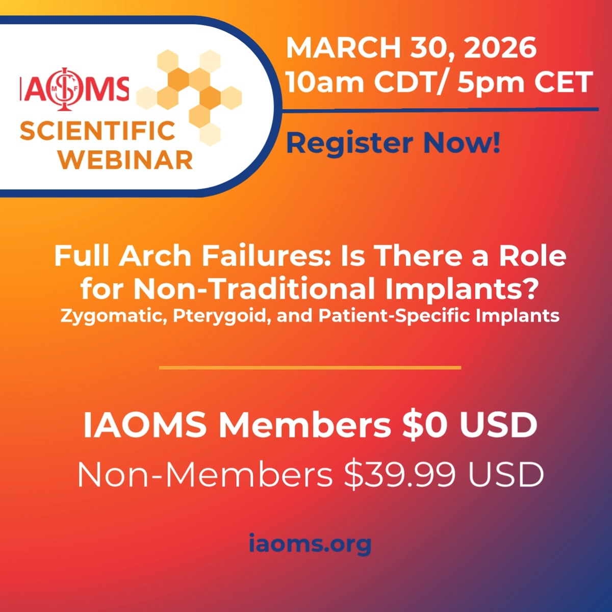 Full arch failures.
Complex cases.
Advanced implant solutions.
Join IAOMS in less than 1-hour for a webinar exploring zygomatic, pterygoid, and patient-specific implants with Dr. Vishtasb Broumand.
🗓 COMING UP SOON!!!!!
⏰ 10 AM CST / 5 PM CET
Members: Free
Non-members: $39.95
🔗 Register via link in bio