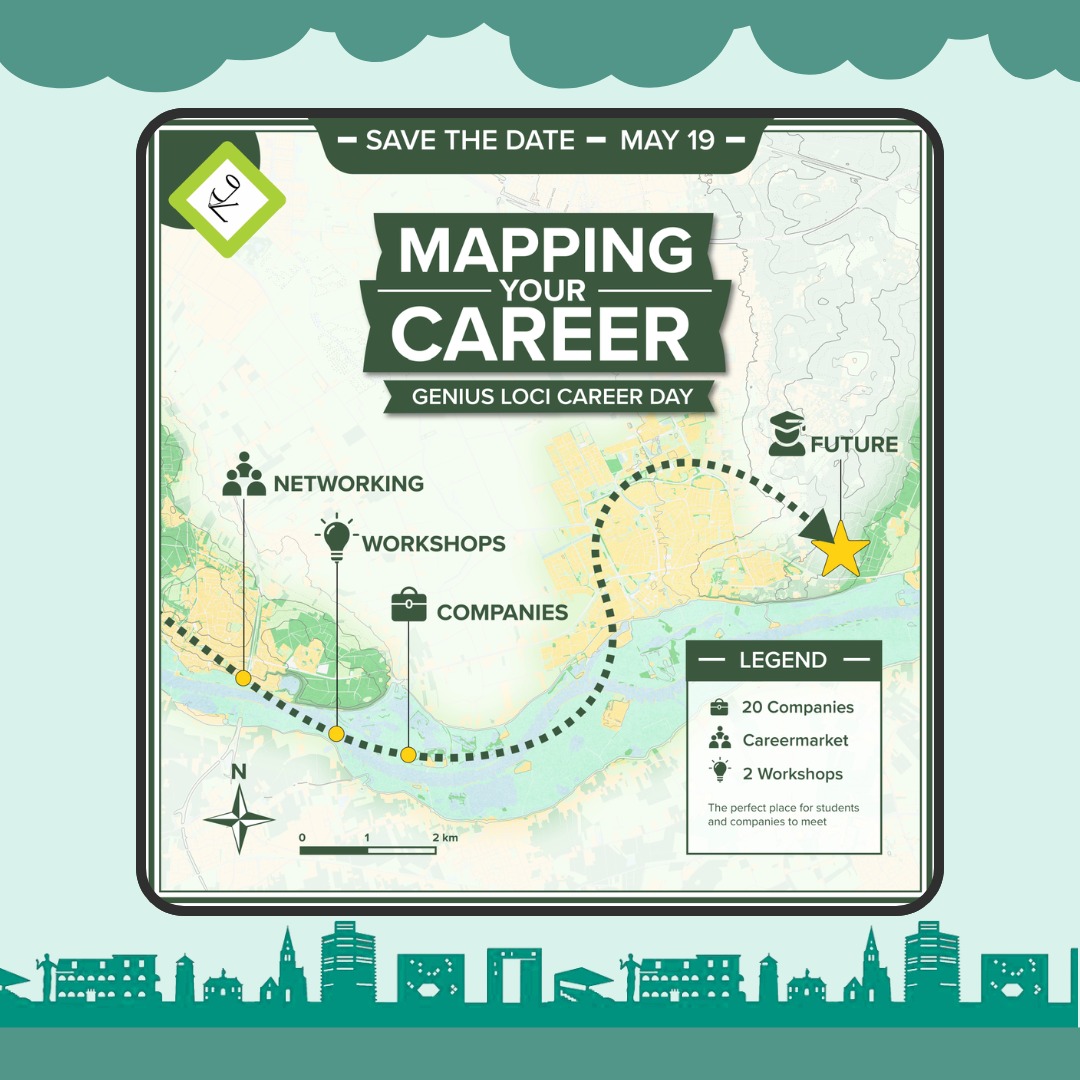 Dear BLP and MLP students,
Mark your calendars! 📅💚 The Genius Loci Career Day will take place on Tuesday, the 19th of May, in the atrium of Forum.
This year’s theme is Mapping your Career 🗺️🎯, a subtle nod to the way we work with maps and spatial thinking in our studies. The Career Day will feature a wide range of companies that are related to our study field, giving each and every one of you the chance to explore career paths, internships and more opportunities. Whether you are a BLP or MLP student, this day is the perfect start in shaping your career journey.
For now: mark the date in your agenda’s. More details will follow soon!
Kind regards,
Career Day Committee 2026