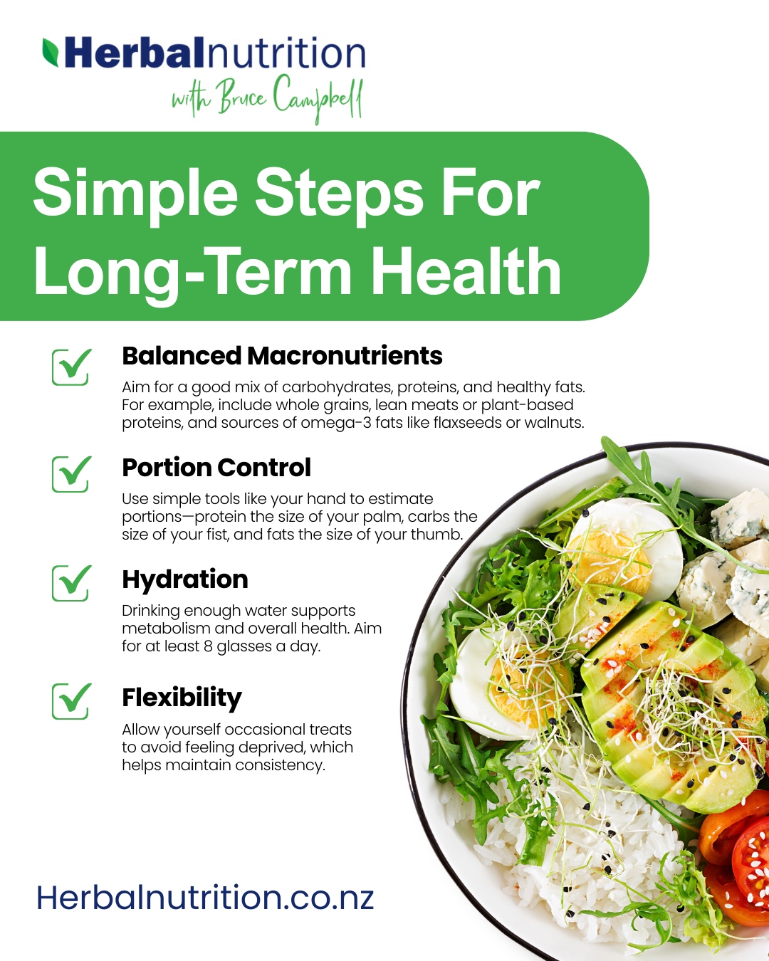 Healthy living doesn't need to be complicated 🥗
Follow these simple steps to make nutrition easy:
• Balanced Macronutrients – carbs, protein & healthy fats for energy
• Portion Control – palm-sized protein, fist-sized carbs, thumb-sized fats
• Hydration – 8+ glasses of water daily
• Flexibility – allow occasional treats
These habits help you stay consistent without feeling deprived, making wellness achievable long-term. Small changes every day add up!
👉 Learn how to start: www.herbalnutrition.co.nz
#nutrition #health #wellness #fitness #hydration #balanced #portioncontrol