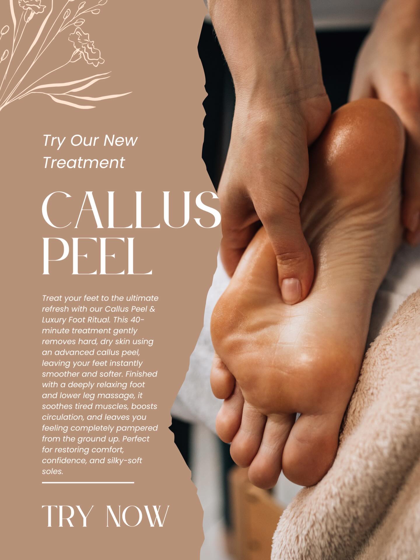 Get those dry and uncomfortable feet ready for Spring….
Indulge in the ultimate foot refresh with our Callus Peel & Luxury Foot Ritual. This 40-minute treatment gently removes hard, dry skin using an advanced callus peel, leaving your feet instantly smoother and softer. While the peel works its magic, enjoy a complimentary relaxing head or hand massage for total unwind. Finished with a deeply soothing foot and lower leg massage, this treatment melts away tension, boosts circulation, and leaves you feeling pampered from head to toe with beautifully soft, revitalised feet.
Treatment under special offers on Booksy
Treatment time 40 minutes
Treatment cost for April and May just £40