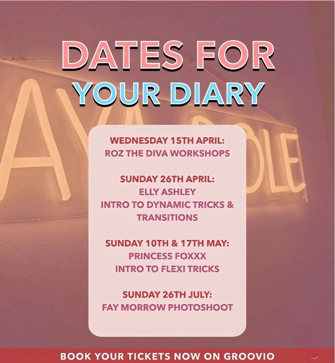 DATES FOR YOUR DIARY 🤍
🔥 Roz the Diva 15th April
THEE leading voice in plus size pole flying in from New York for two exclusive midweek workshops… this is not one to miss
⚡ Elly Ashley 26th April
Intro to Dynamic Tricks & Transitions for anyone ready to level up their power, control and flow
💫 Princess Foxxx 10th & 17th May
Bendy goodness, illusion shapes and flexi tricks with one of our AYA favourites
📸 Fay Morrow Photoshoot 26th July
Capture your pole journey at any stage… these always sell out so don’t wait. Deposit options available!
Book now on Groovio ✨