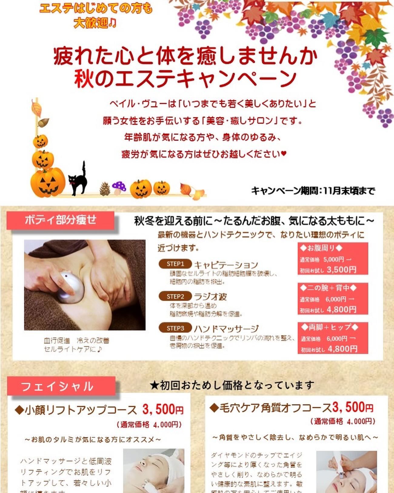 .
いつもありがとうございます♪
秋のキャンペーン🍂の
ご案内です。
暑い夏に溜め込んだおつかれを
ケアしていく内容となっております。
⭐️夏太りリセット!痩身
⭐️お身体のだるさ、コリ、
疲労解消に美容整体
⭐️脳疲労を解消、
ストレス解消に
ヘッドマッサージ
⭐️美白フェイシャル
などなど他にもたくさんのお得な
メニューをご用意いたしております。
ぜひこの機会に
ゆっくりと
夏のお疲れを癒しに
来てくださいね💓
お待ちしております♪
+++++++++++++
エステティックサロン&
整体&
開業サポートスクール
ペイル・ヴュー
08091635920
(姫路赤十字病院から徒歩5分)
⭐️生徒様募集中⭐️
まずは体験から
#ペイルヴュー
#姫路
#エステ
#姫路エステ
#技術
#習得
#自宅サロン
#おうちサロン
#エステティシャン
#エステスクール
#姫路エステスクール
#生徒募集中
#フェイシャル
#ダイヤモンドピーリング
#痩身
#デトックス
#ダイエット
#キャビテーション
#ラジオ波
#整体
#脱毛
#VIO
#独立開業
#ボディトリートメント
#ヘッドマッサージ
#猫のいるサロン