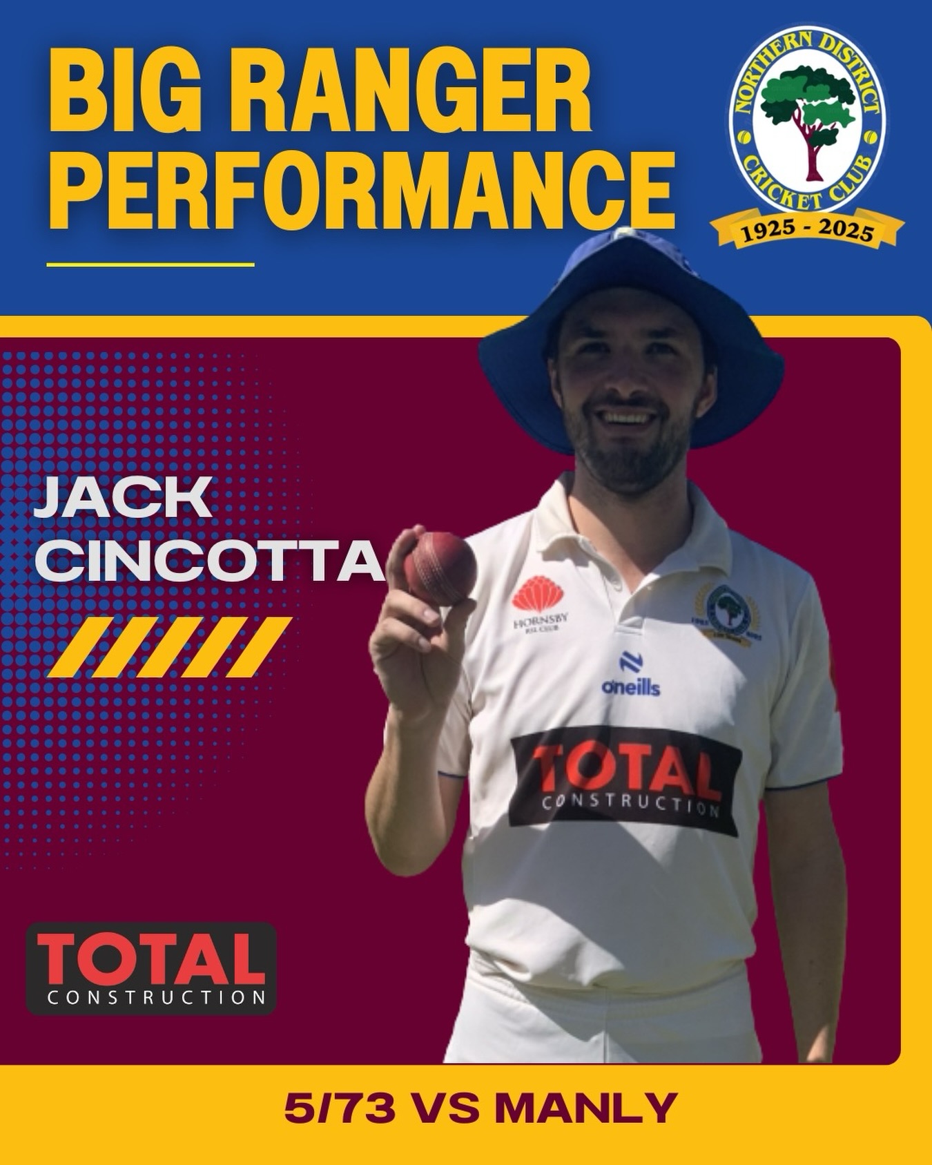 🌳Big Ranger Performance🌳
Proudly brought to you by Total Construction
Jack Cincotta led the way for 2nd Grade in their Grand Final taking 5/73 off a mammoth 33 overs. JC showed tremendous spirit and determination, continuing to show up for his side despite some disciplined batting from Manly.
After six three-wicket hauls this season, it was fitting that Jack ended the season with the accolade he deserved, as one of the hardest workers at the club.
Congrats JC, 5 wickets in a GF is an outstanding effort, and hopefully we see this form continue into next season!
