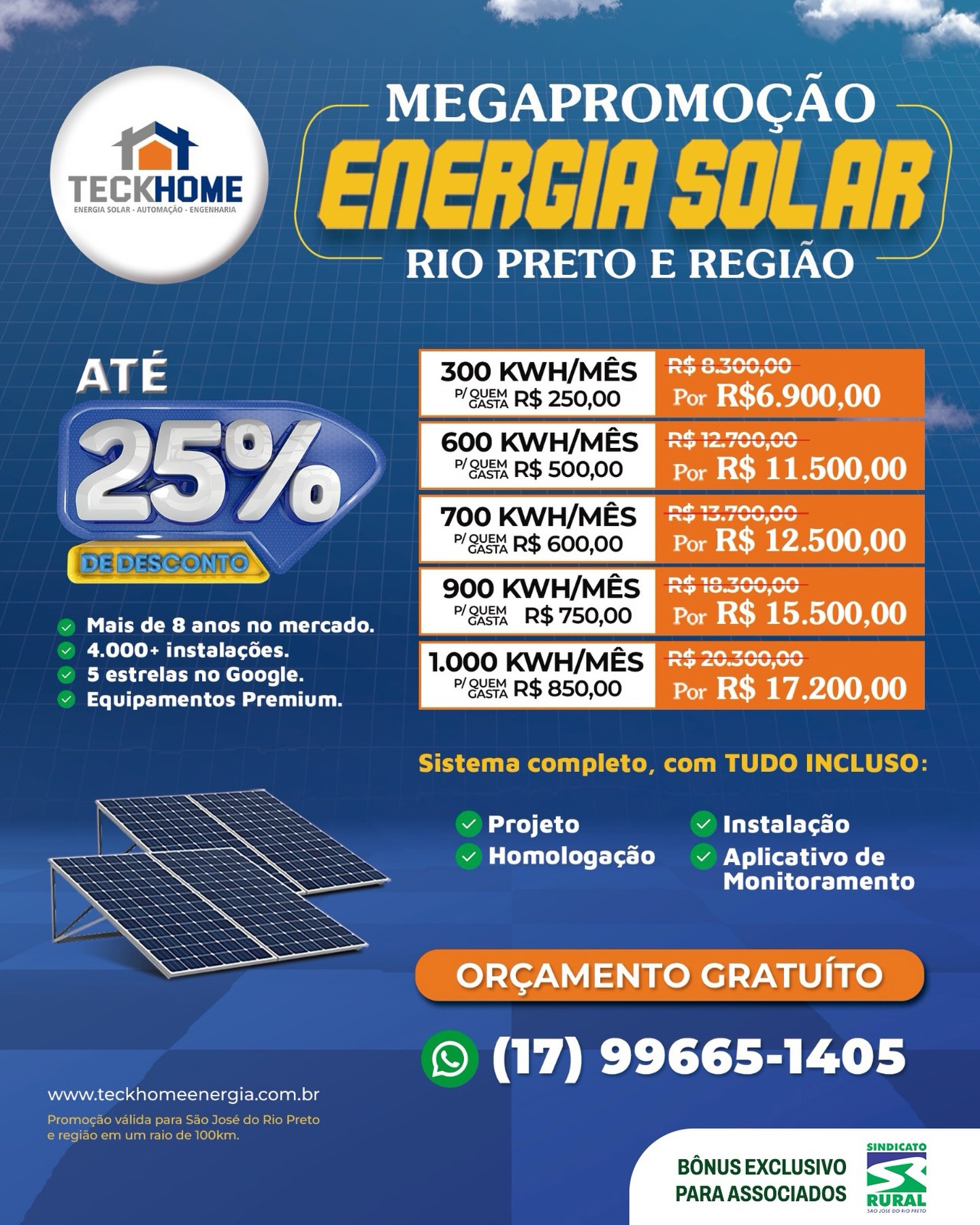🌞🌾 PARCERIA QUE GERA ECONOMIA PARA O PRODUTOR RURAL!
O Sindicato Rural de São José do Rio Preto, em parceria com a @teckhomeriopreto, traz uma grande oportunidade para seus associados investirem em energia solar com condições especiais.
⚡ Até 25% de desconto EXCLUSIVO para associados
✅ Sistema completo com:
✔ Projeto
✔ Homologação
✔ Instalação
✔ Aplicativo de monitoramento
🏆 Empresa com mais de 8 anos de mercado, mais de 4.000 instalações e avaliação 5 estrelas no Google.
📍 Promoção válida para São José do Rio Preto e região
📲 Solicite seu orçamento gratuito: (17) 99665-1405
🌱 Economize na conta de energia e invista no futuro da sua propriedade!
Telefone: (17) 3232-5115⠀
Site: www.sindicatoruralsjrp.com.br
#SindicatoRuralSJRioPreto #EnergiaSolar #AgroSustentável #EconomiaNoCampo