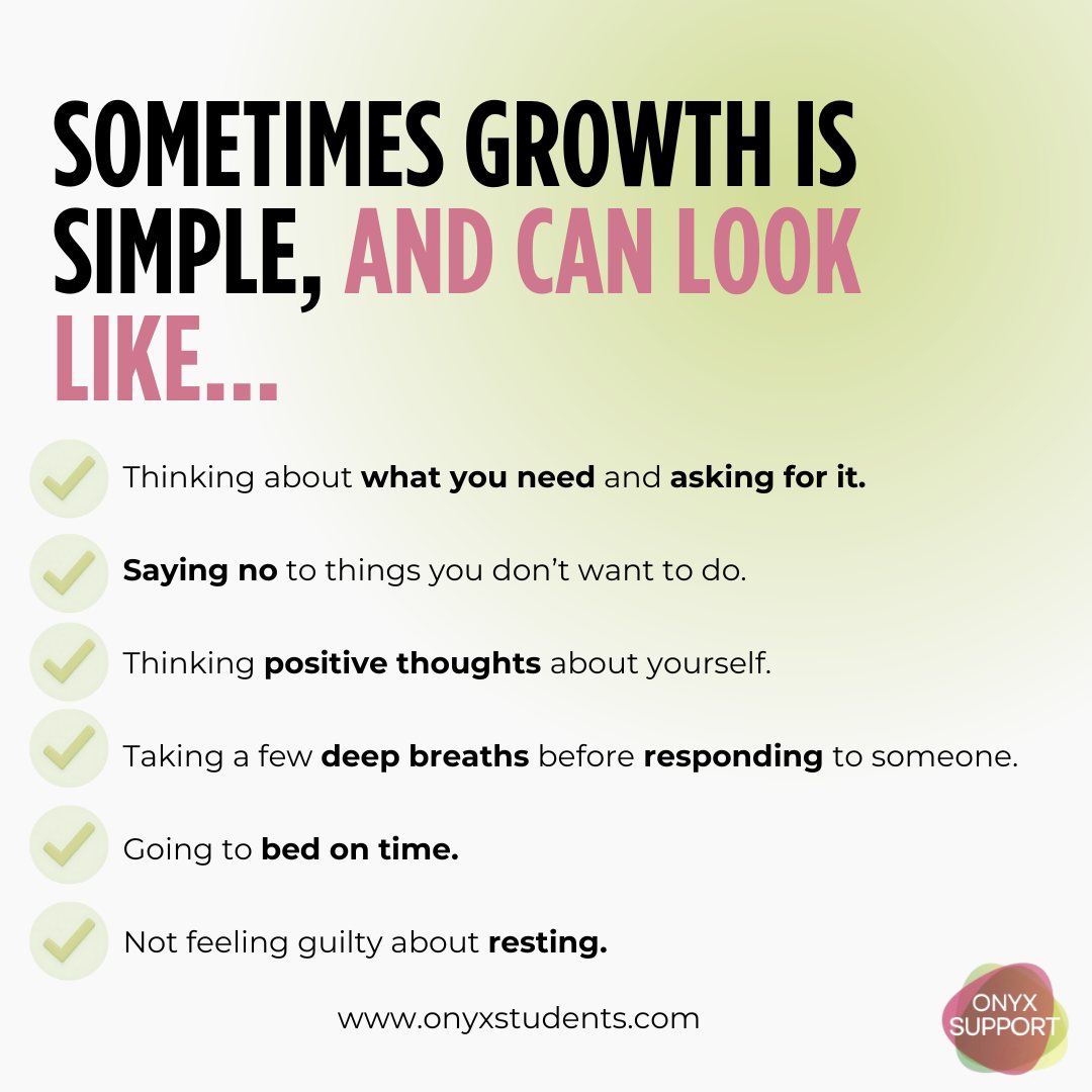 Growth can look likeâŚ
⨠resting
⨠saying no
⨠asking for what you need
Need extra support?
We can support you if you are a:
Student - DSA support such as Specialist Mentoring and Study Skills.
Apprentice - You may be able to access apprenticeship support.
Employee or self-employed - Access to Work can fund practical help in the workplace.
đ www.onyxstudents.com
#DSA #AccessToWork #ApprenticeSupport #StudentSupport #Apprentice #Employee #Student #Disability #Neurodiverse #MentalHealth #Accessibility