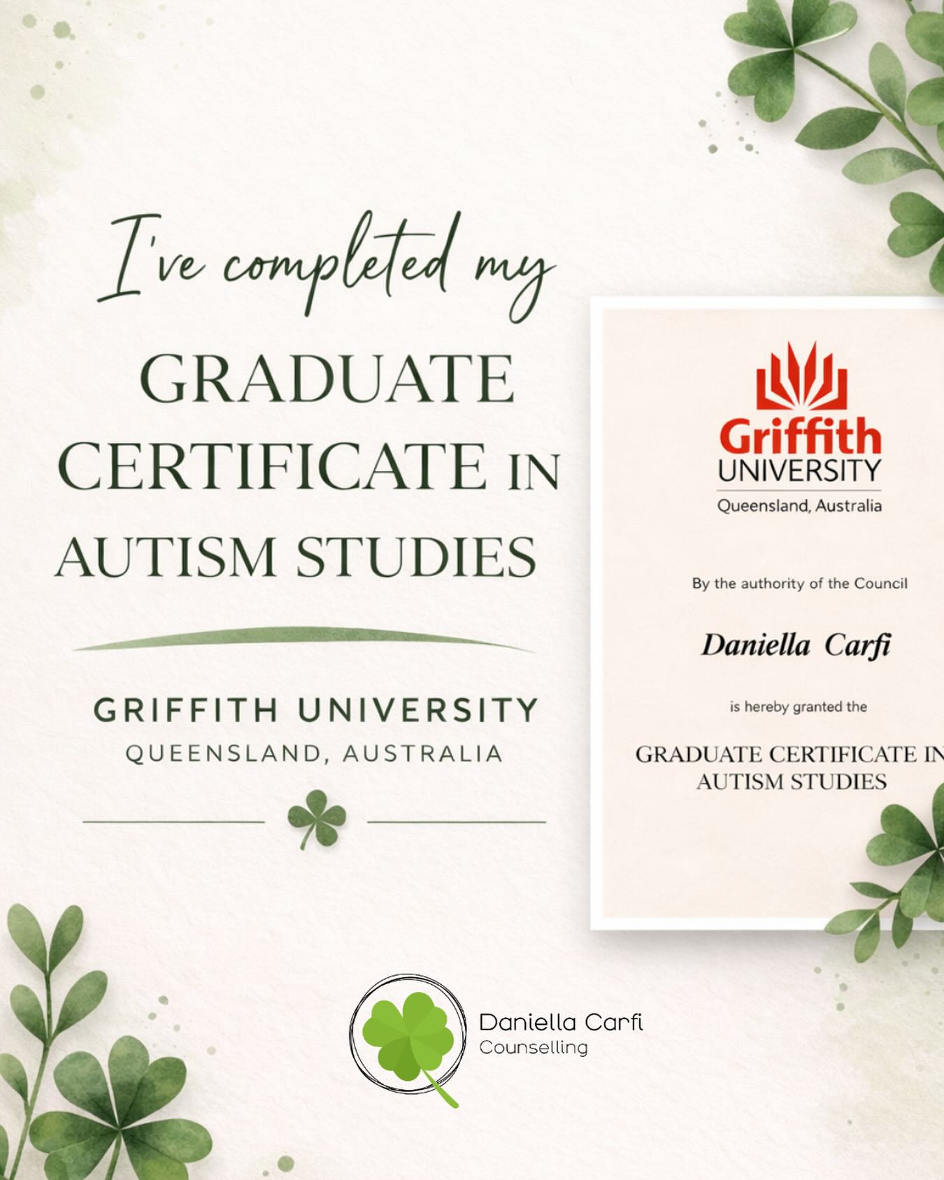 I am so excited to share that I have officially completed my Graduate Certificate in Autism Studies with Griffith University š
This course was filled with such kind, beautiful people, and incredibly supportive, inspiring lecturers and tutors. I have gained new perspectives, knowledge, and connection, and I am so grateful.
Iāve never felt more aligned in my work, values, and focus. I canāt wait to carry everything Iāve learnt forward šš