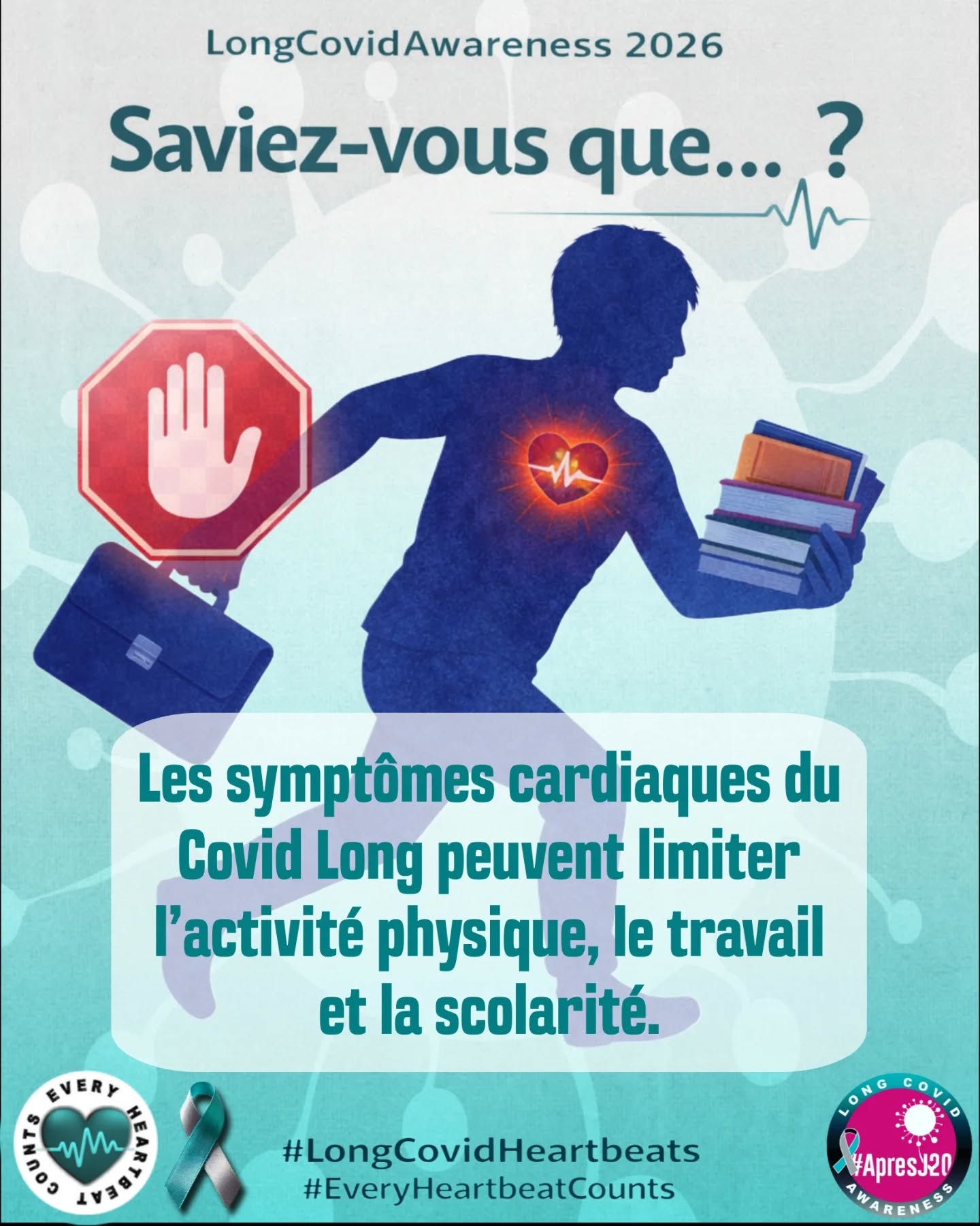 ❓Le saviez-vous…?
Les symptômes cardiaques du Covid Long peuvent limiter l’activité physique, le travail et la scolarité.
#CovidLong #CovidLongPediatrique
❓Did you know…?
Cardiac symptoms from Long Covid can limit physical activity, work, and schooling.
#LongCovidAwareness
#ApresJ20 #LongCovid @longcovidawarenessint