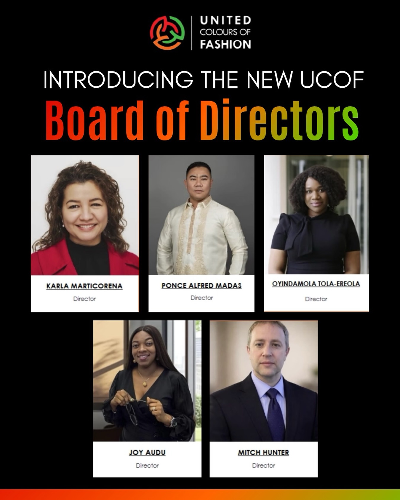 We’re excited to officially welcome the new Board of Directors for United Colours of Fashion:
Karla Marticorena
Ponce Alfred Madas
Oyindamola Tola-Ereola
Joy Audu
Mitch Hunter
This addition brings together a collective of passionate leaders dedicated to celebrating culture, creativity, and community through fashion. With their guidance, we’ll continue to build spaces that amplify ethnocultural voices and redefine representation in the industry.
Here’s to a new chapter of growth, impact, and storytelling.
#ucof2026 #explore #diversityinfashion #communityimpact #communityleadership