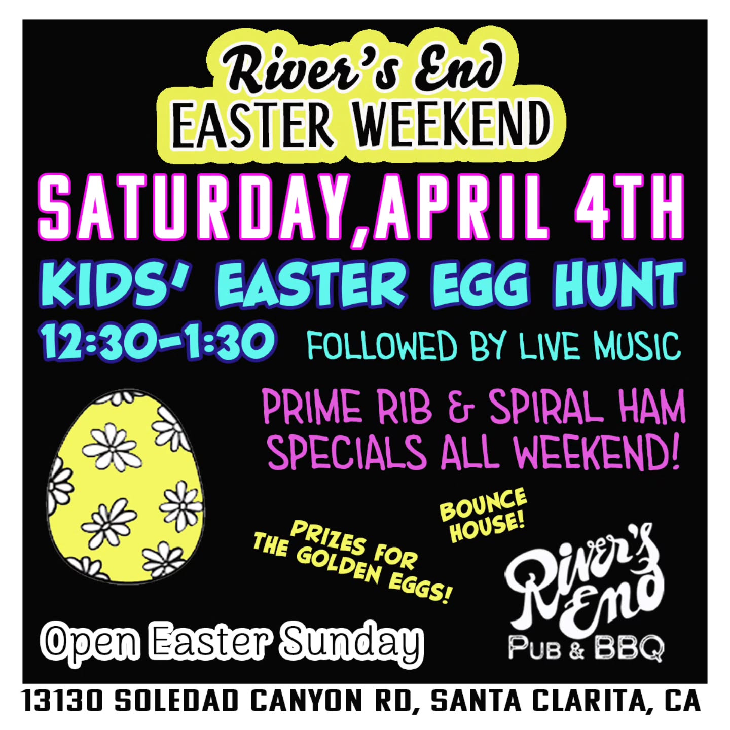On this high Holy holiday we are rolling like a golden egg toward a glorious and exciting EASTER EGG HUNT kicking off on Saturday at 12:30! Mystery PRIZES, bounce house, live music from 2-5, and family fun 🐣
Open Easter Sunday too, and featuring food specials all weekend long - including our mouthwatering smoked prime rib! 🐰