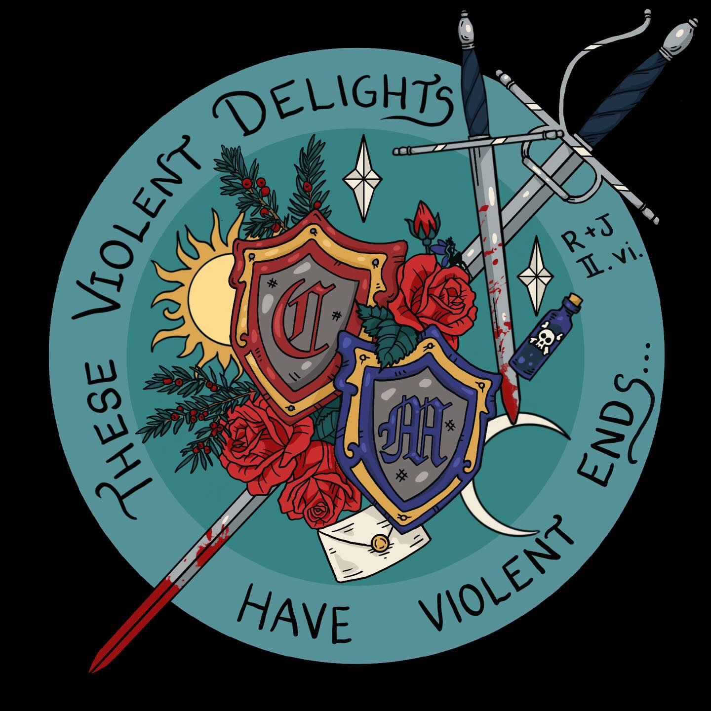 April’s sticker is Romeo and Juliet!
So when I read this in 8th grade, I was not a fan... but when I played Benvolio in 2016 I fell in love with this show. This show is not really a love story, it’s a rebellion against generations that wouldn’t listen. It’s a rebellion against unfounded hatred. It’s layers upon layers of AWESOME!
I love how funny this show is! I love how poignant, I love the language, and I love how heartbreaking it is. Killing off the comedic relief... oof! Hits ya hard...
Because of how much I love this show, it was actually harder. I have strong images in my head, but they are really show specific rather than play specific. I incorporated things that felt really important... a rapier and dagger (Romeo’s hence the Montague colors), roses, yew, the sun and moon, light and dark, star crossed lovers, Friar Lawrence’s letter still sealed because Romeo never gets it, poison, crests from both the Capulets and Montagues, and a tiny little Queen Mab!
I hope you enjoy!