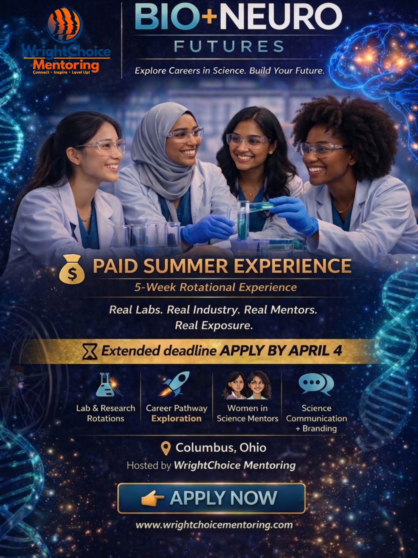 🚨MORE TIME TO APPLY🚨
We’ve heard you, and we’re giving you more time to launch your career! We have officially extended the application deadline for the Bio + Neuro Futures Program to April 4th!
If you’re a college student exploring biology, chemistry, neuroscience, or biotech, this is your sign to apply. This summer, step beyond the classroom and into the real world:
Explore: Visit labs, biotech firms, and healthcare settings.
Connect: Get matched with a mentor who is a leading woman in science.
Grow: Build the confidence and clarity you need to own your career.
📅 NEW DEADLINE: April 4th
🌐 Apply at: wrightchoicementoring.com or click the link in our bio.
🗓️ Program runs: Early June – Mid July
Don’t let this opportunity pass you by again! Tag a future scientist who needs to see this. 🧪✨