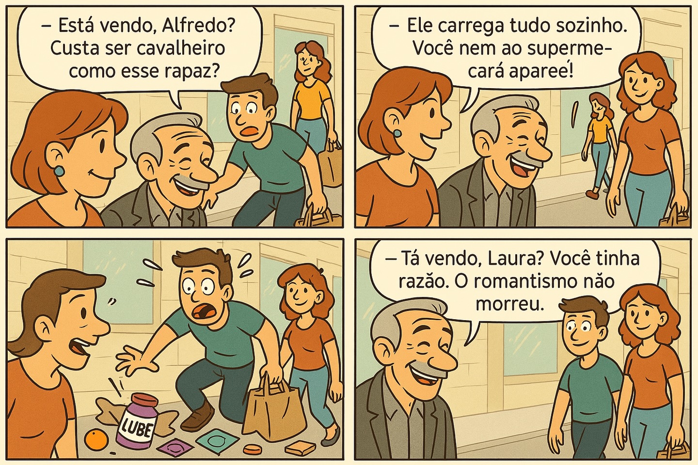 Alfredo e Laura observavam um jovem casal que caminhava alguns metros à frente. O rapaz, que aparentava uns vinte e poucos anos, carregava diversas sacolas de compras; a moça, ao seu lado, seguia com as mãos livres e o semblante despreocupado.
— Está vendo, Alfredo? Custa ser cavalheiro como esse rapaz? Ele carrega tudo sozinho. Você nem ao supermercado vai!
Nesse instante, o jovem tropeça e deixa cair todas as sacolas. As compras se espalham pelo chão em alegre desordem. Entre os produtos dispersos, destacam-se, com uma clareza quase didática, um frasco de lubrificante íntimo e uma cartela de preservativos.
Alfredo contempla a cena por um breve momento, sorri com a calma de quem acabou de receber uma confirmação do universo e diz:
— Tá vendo, Laura? Você tinha razão. O romantismo não morreu.
#trabalhoautoral #humor #humorbrasil #humordodia #humorlatino