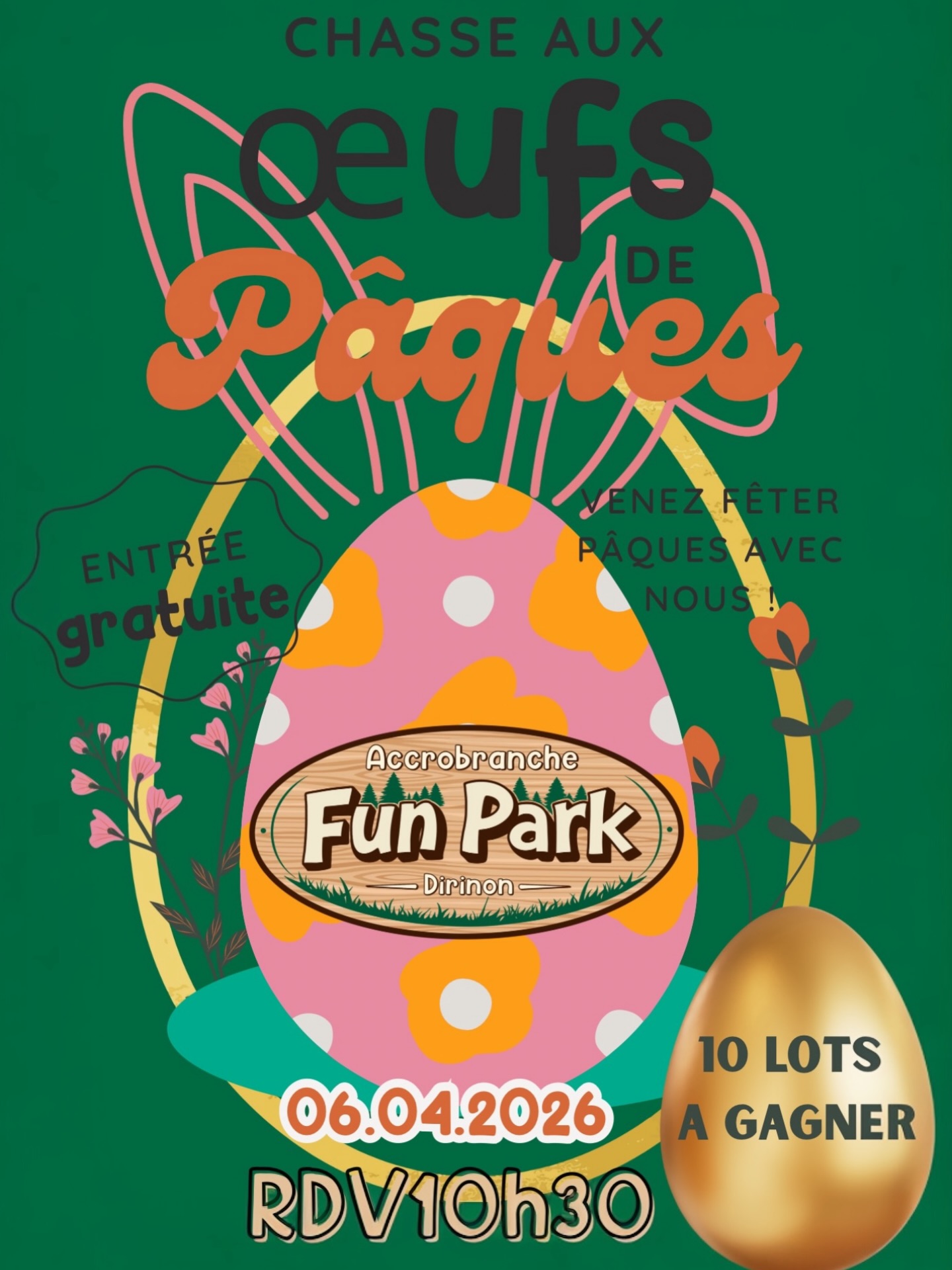 🐣 La grande chasse aux œufs fait son retour à Fun Park Dirinon !
Rendez-vous le 6 avril à 10h30pour une chasse palpitante à la recherche des œufs dorés🥚✨
De nombreux lots sont à gagner, dont des entrées pour l’accrobranche, l’accro filet et l’Accro Rocher!
Venez partager un moment de fun et d’aventure en famille ou entre amis au Fun Park Dirinon on vous attend nombreux ! #chasse #oeufs #paques #bzh