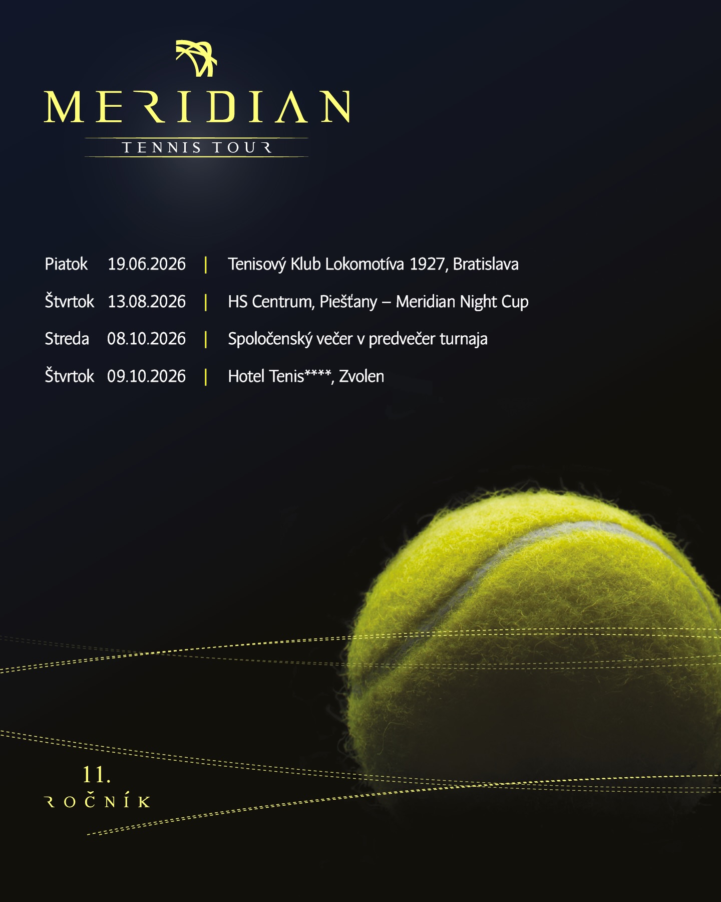 🎾Kalendár MERIDIAN TENNIS TOUR 2026
11. ročník je tu a prináša opäť skvelé tenisové momenty, výnimočné lokality a nezabudnuteľnú atmosféru. ✨
Manažérska tour, kde tenis spája biznis, nové spolupráce a budovanie silných vzťahov.
Čaká vás systém hry vo štvorhre v troch skvelých športových areáloch @tklokomotiva1927 , @hs_centrum_piestany , @hotelteniszvolen , od júna až do októbra.
Opäť sa môžete tešiť na profesionálny servis a bezstarostnú športovú organizáciu od Connea, krásne ceny pre víťazov, výborný catering a počas celého dňa aj starostlivosť odborníkov z fyziocentra @ambio.rehabilitacne.centrum .💪
Súčasťou tour bude aj výnimočný turnaj pod nočnou oblohou s nezabudnuteľnou atmosférou, grilovačkou pod hviezdami a hudobným programom 🌙✨
Už teraz evidujeme veľký záujem partnerov, čo je jasný signál, že tento ročník bude naozaj výnimočný 🔥
Tešíme sa na všetkých hráčov, partnerov aj fanúšikov💚
Let´s play! 🎾
Tím Connea SK
www.connea.sk
#conneaevents #skmeridiantennistour #tenisoveturnaje