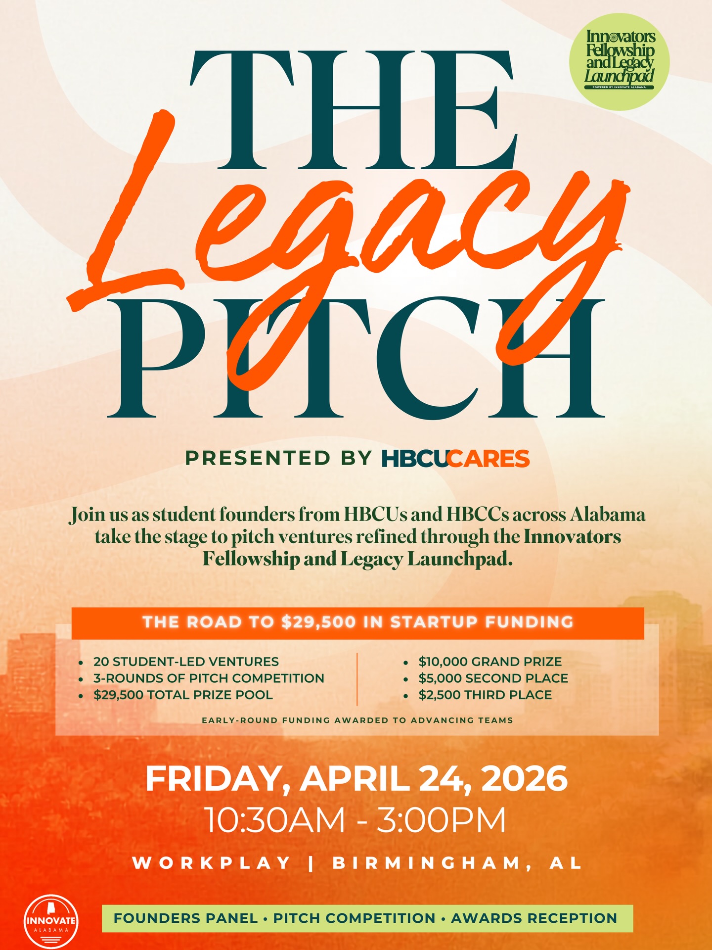 ITS TIMEEEEEEE 🚀
Our Spring ’26 Innovators Club Cohort pitch finale is stepping up to the stage! 🎤✨
6 student-led ventures from HBCUs & HBCCs across Alabama are competing for a $10,000 grand prize 💰
📍 WorkPlay Birmingham
🕥 10:30 AM
🅿️ Free parking across the street
Hear real innovation in action, get insights from a Founders Panel of seasoned entrepreneurs, and celebrate the bold futures these students are building at the Awards Reception 🥂
This isn’t just a pitch… it’s a movement. Be there. 👏🏽
#HBCUCares #HBCUInnovation #PitchFinale #HBCUPride #InnovateAlabama
