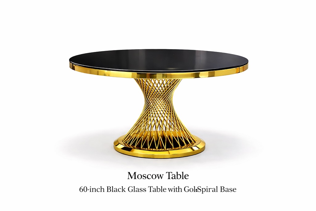 60 in Reception Table -Gold base -Black top Glass fits up to 8 guest