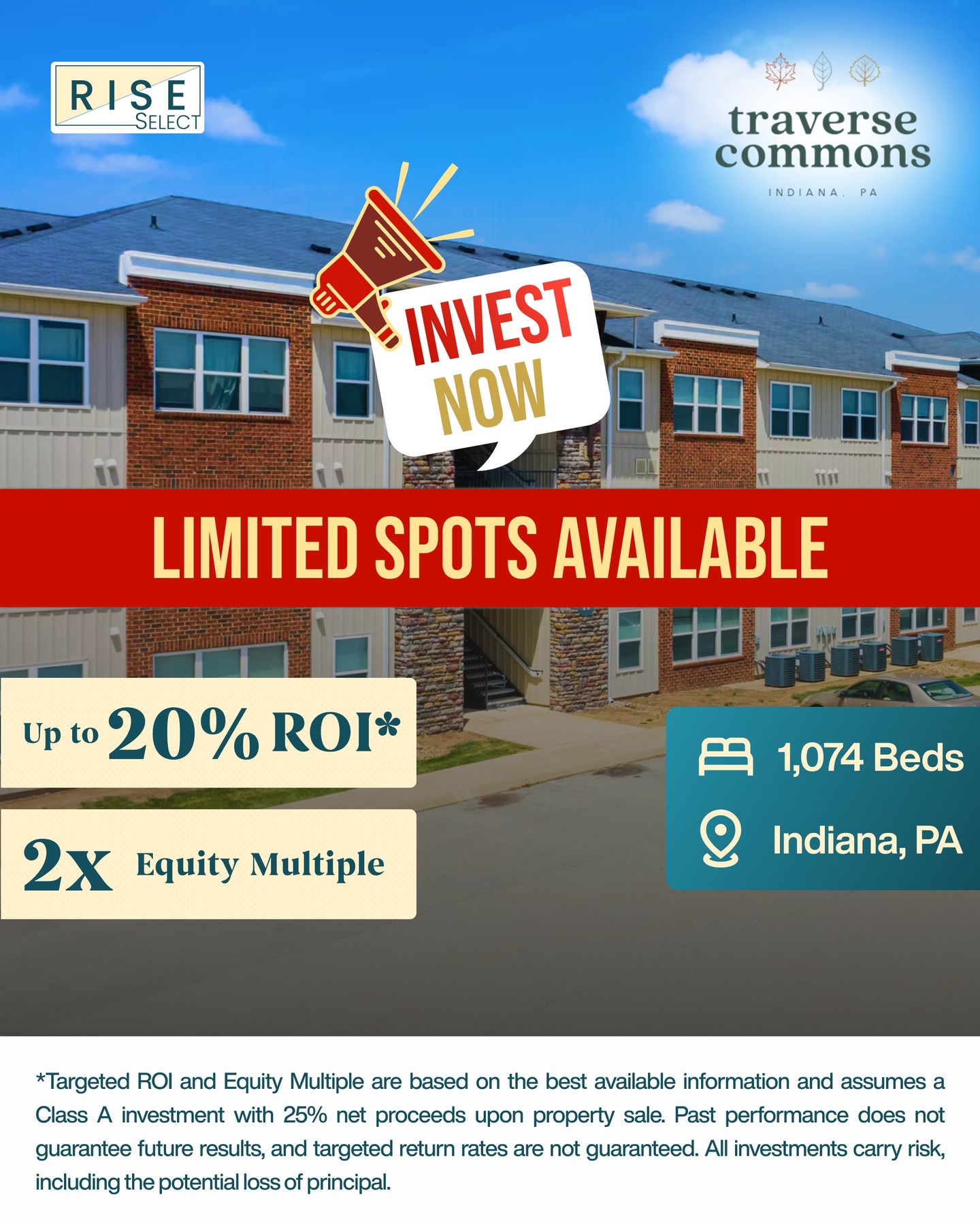 Student Housing Investment Opportunity | Limited spots available
Traverse Commons - Indiana, PA. Secure your spot now.
Opportunity Highlights:
• 1,074 Beds
• $25.5M Purchase Price
• Up to 20% Targeted ROI
• 2x Equity Multiple
Call us: (507) 500-7473
Email: invest@riseselect.com
Click the link in bio to know more.