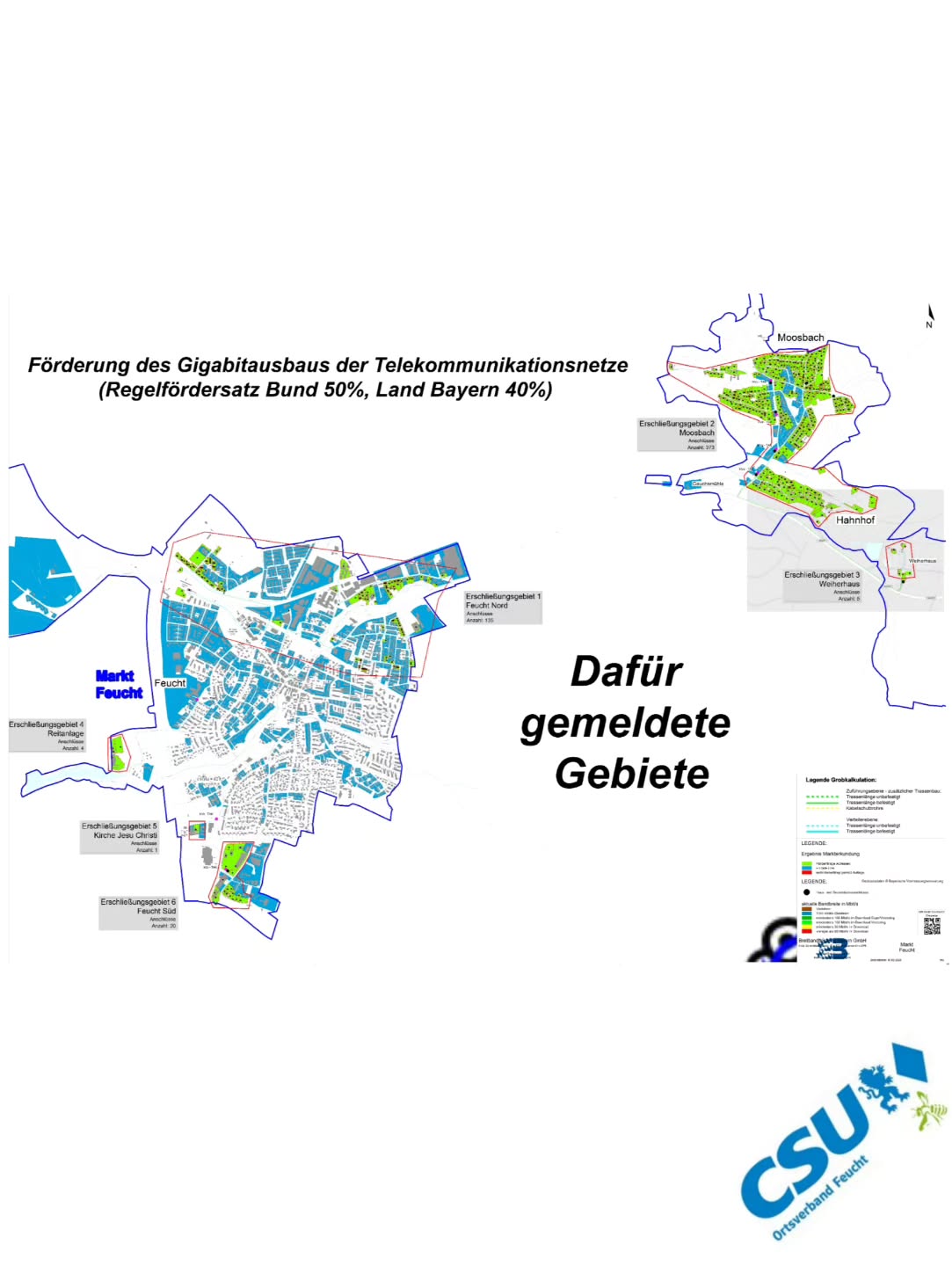 Gigabitausbau der Telekommunikationsnetze in Feucht und Moosbach
Sowohl das zuständige Bundesministerium als auch das Landesamt für Digitalisierung, Breitband und Vermessung in Bayern haben die Förderung des Gigabitausbaus in Feucht und Moosbach bestätigt.
Nun beschloss der Marktgemeinderat einstimmig, hier ein Auswahlverfahren zur Durchführung dieser Maßnahme auf den Weg zu bringen. Bis zu 4 Millionen Euro an Kosten sind dabei für die im Plan aufgeführten Gebiete förderfähig, der Eigenanteil des Marktes Feucht beträgt somit maximal 400.000 €. 50% der Kosten trägt der Bund, 40% das Land Bayern.
„Ein gut angelegtes Geld im Sinne der damit verbundenen Teilhabe am modernen ‚digitalen Leben‘. Wir schaffen so gleiche Rahmen- und Lebensbedingungen in allen Teilen von Feucht und Moosbach und können Gebiete anschließen, dies bislang für die Anbieter offenbar wirtschaftlich nicht interessant waren“, so Herbert Bauer für die CSU-Fraktion.
Nach den Ausführungen des Fachreferenten sollte das nun anstehende Verfahren etwa ein Jahr in Anspruch nehmen, die dann folgende Realisierung bis zu 3 Jahre. Dann sollten alle Haushalte in Feucht und Moosbach moderne und zeitgemäße Anschlussmöglichkeiten vorfinden.