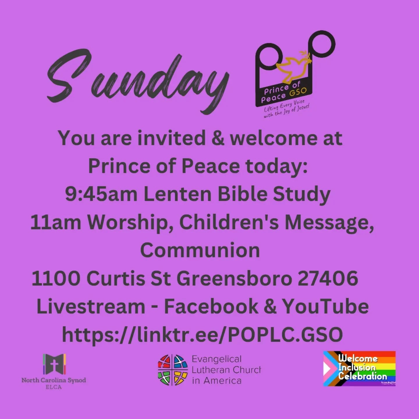 Prince of Peace today:
📖 9:45 am Adult Bible Study
✝️ 11am Worship, Children's Message, Communion
➡️ 1100 Curtis St Greensboro 27406
🖥️ Livestream - Facebook & YouTube
https://linktr.ee/POPLC.GSO
You will find the bulletin and lessons at the linktree above or in bio.