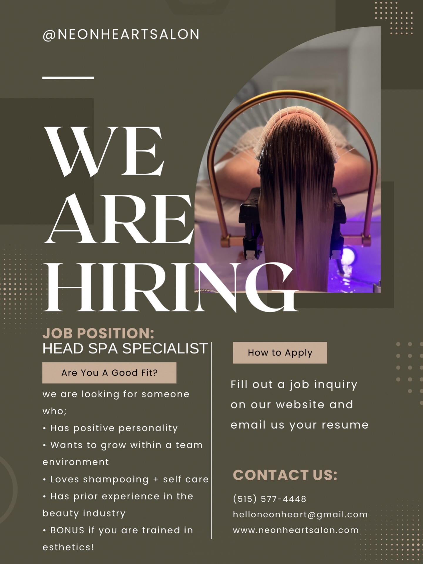 Iowa’s Leading Head Spa is Growing!
At Neon Heart, this role matters and we’re looking for the right person, not just any person.
✨ If you’re reading this, ask yourself:
• Are you a true culture fit; team minded, positive, and growth driven?
• Are you genuinely passionate about scalp health, hair wellness, and head spa experiences?
• Do you want to grow within a team?
Because that’s who we’re building with.
This is a commission-based position + tips
✔️ 30+ hours/week
✔️ Nights + weekends required
✔️ Immediate bookings
We are looking for:
Licensed cosmetologists with experience
✨ Bonus if you’re trained in esthetics
If this is you… we want to meet you 🤍
Join the team at the forefront of one of the fastest-growing movements in beauty, where scalp care isn’t a trend, it’s the future of hair health, and we’re building careers around it, not just services.
Apply through our website + send your resume
or text us with questions: (515) 577-4448
#NeonHeartSalon #SalonHiring #HeadSpaSpecialist #DesMoinesStylist #IowaCosmetologist SalonCareers BeautyIndustryJobs ScalpCareSpecialist