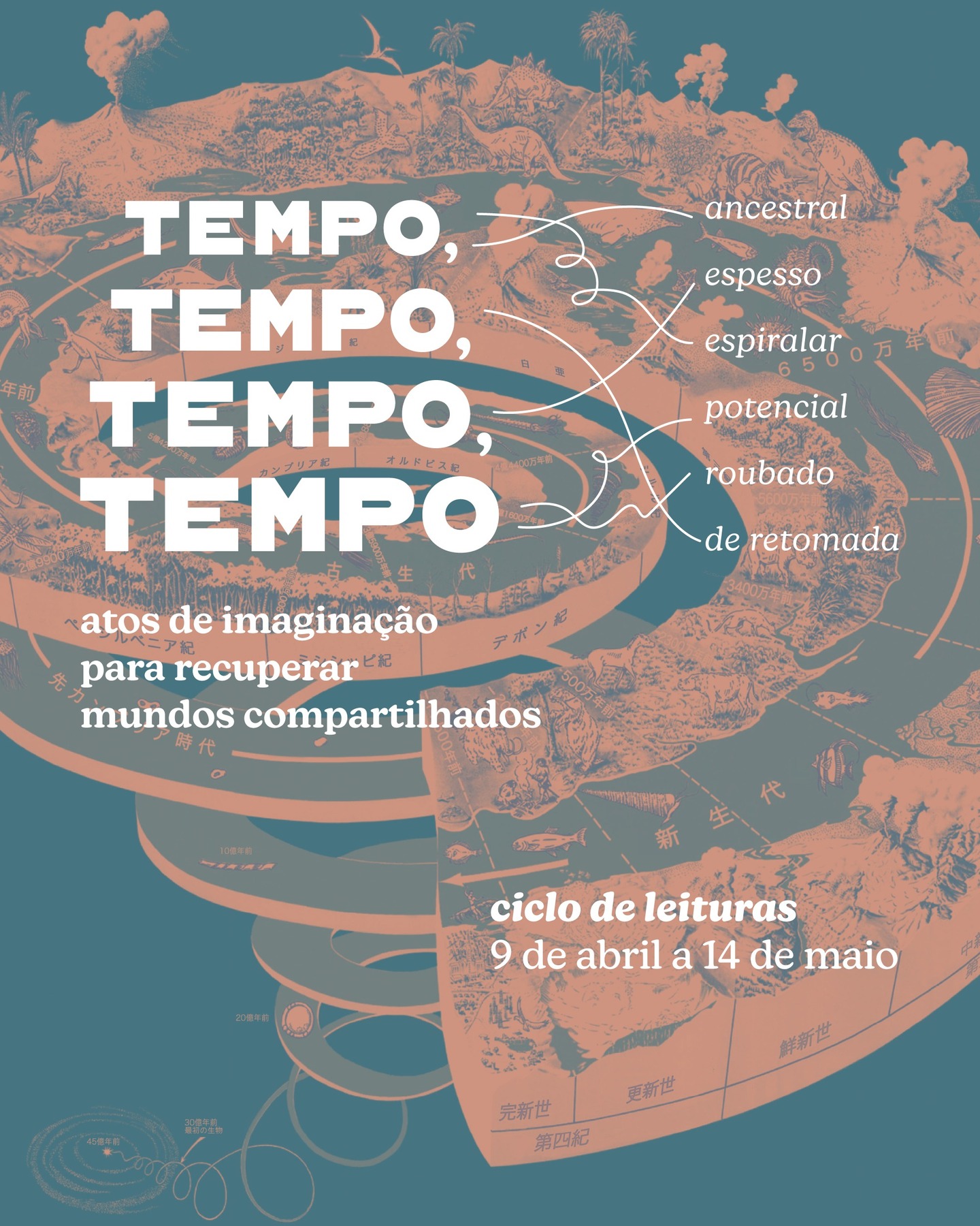O ciclo de leituras “Tempo, tempo, tempo, tempo: atos de imaginação para recuperar mundos compartilhados” é um convite para pensar o tempo de outras maneiras — não como uma linha reta que vai do passado ao futuro, mas como algo vivo, atravessado por memórias, disputas, presenças e possibilidades.
Ao longo de cinco encontros online, vamos ler e conversar com autoras e autores que nos ajudam a imaginar e habitar o tempo de modos diversos: na primeira sessão, com Ailton Krenak, Elizabeth A. Povinelli e Truduá Dorrico, pensamos sobre temporalidades ancestrais e as continuidades da catástrofe colonial; no segundo e terceiro encontros, primeiro com Ariella Azoulay e Audre Lorde, depois seguindo com Saidiya Hartman e Dionne Brand, nos aproximamos de histórias roubadas, silêncios e narrativas que insistem em existir; no quarto dia, com Donna Haraway e Vinciane Despret, observamos o tempo como relação, cuidado e continuidade entre mundos; e, por fim, com Leda Maria Martins, nos aproximamos da ideia de tempo espiralar, em que passado, presente e futuro se entrelaçam em movimento.
Aberto a pessoas de dentro e fora da academia, o ciclo propõe um espaço acolhedor de leitura e troca, onde possamos desacelerar, escutar e experimentar diferentes formas de imaginar e viver o tempo — seja ele ancestral, espiralar, roubado ou ainda por vir.
Para mais informações e inscrições, humusidades@gmail.com
.
.
.
design por @isisdaou