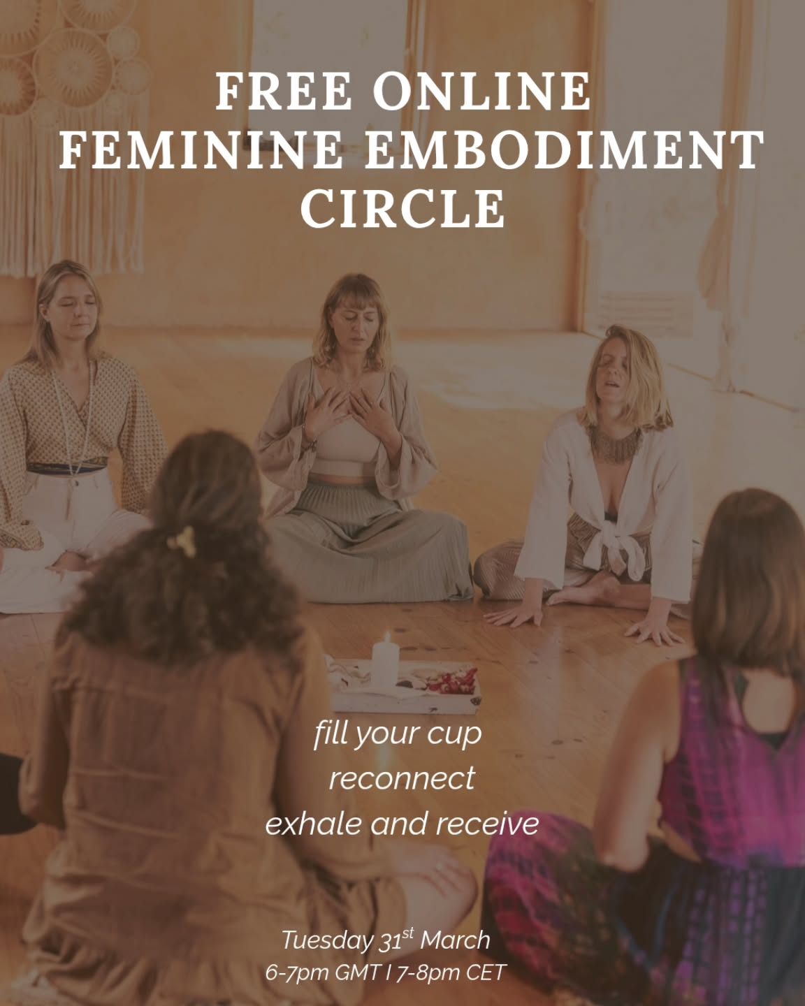 FREE ONLINE FEMININE EMBODIMENT CIRCLE
Collectively a lot is happening right now - fast and intense
If you don't want to live in shut down, it impacts your body and your nervous system.
That's why i have a gift for you.
I'm opening a free space:
To fill your cup and feel.
To connect with your body and your pleasure.
And to simply be.
FREE ONLINE FEMININE EMBODIMENT CIRCLE
📅 Tuesday 31st March
🕰 6pm - 7pm GMT (Portugal/UK time)
🕰 7pm - 8pm CET (german time)
This is a space to:
👉 nourish your body and your nervous system
👉 receive without having to give back
👉 be, without expectations
👉 exhale and soften
I will be there, guiding and holding the space for you to drop into your body
👉 Comment "Embodiment" under this post and i send you the link per DM
📷 @michaela.groenne