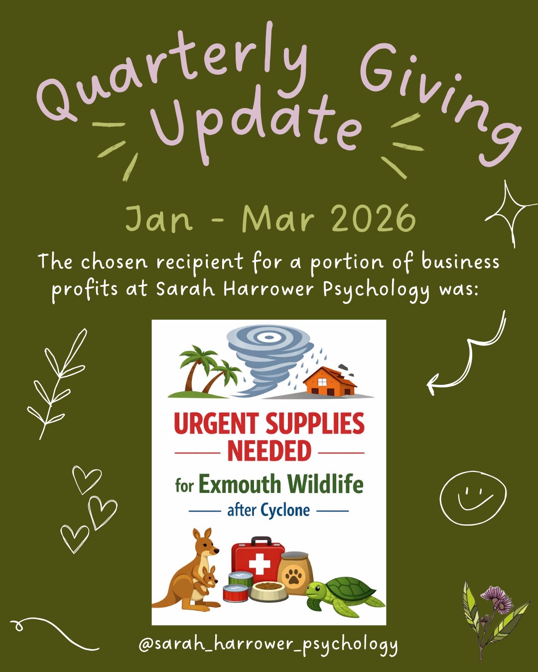 Q1 2026 giving: this quarter I’m supporting the urgent wildlife response in Exmouth via @wa_wildlife_ 🐢🐍
Cyclone Narelle damage has sent an overwhelming influx of marine turtles, sea snakes, seabirds, and native birds into the care of local rehabilitators who are stretched beyond capacity. WA Wildlife is running emergency supply runs and fundraising to keep support going.
This one sits outside my usual giving areas but collective care extends to Country.
If you can help, drop supplies at WA Wildlife Hospital, Bibra Lake before 9am Monday, or donate via the link in their bio (select Cyclone Recovery).
You can read more about how and why I give via the policy on my website at www.sarahharrower.com/giving-policy
#wawildlife #cyclonerecovery #wildliferehabilitation #mutualaid #collectivecare