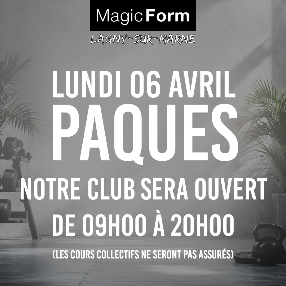 Joyeuses Pâques ! 🐣
Nôtre club sera ouvert ce Lundi 06 Avril 2026 de 09h00 à 20h00. Les cours collectifs ne seront pas assurés.
#magicform