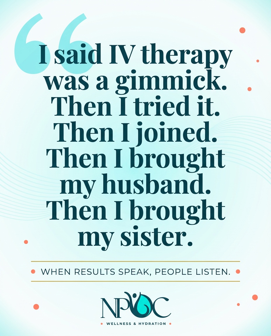 The most powerful marketing we have? Our members.
"I was the person who said IV therapy was a gimmick."
Then she tried it. Then she joined. Then she brought her husband. Then her sister.
That's not a testimonial — that's a ripple effect.
At NPOC Wellness & Hydration, we've built a membership model around one principle: when people actually feel the difference, they don't keep it to themselves.
If you've been skeptical, we understand. We just ask for one session.
Comment READY and we'll send you everything you need to take that first step 👇💬
#NPOCWellness #WellnessMembership #IVTherapy #MarylandWellness #ClientSpotlight #PremiumWellness #MedicalWellness #WellnessLeadership #HealthcareInnovation #ExecutiveWellness
