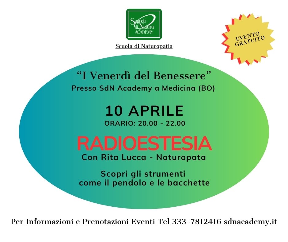 Sono tornati i VenerdƬ del benessere!
10 Aprile Radioestesia dalle 20.00 alle 22.00
Con Rita Lucca - Naturopata
Scopri gli strumenti come il pendolo e le bacchette.