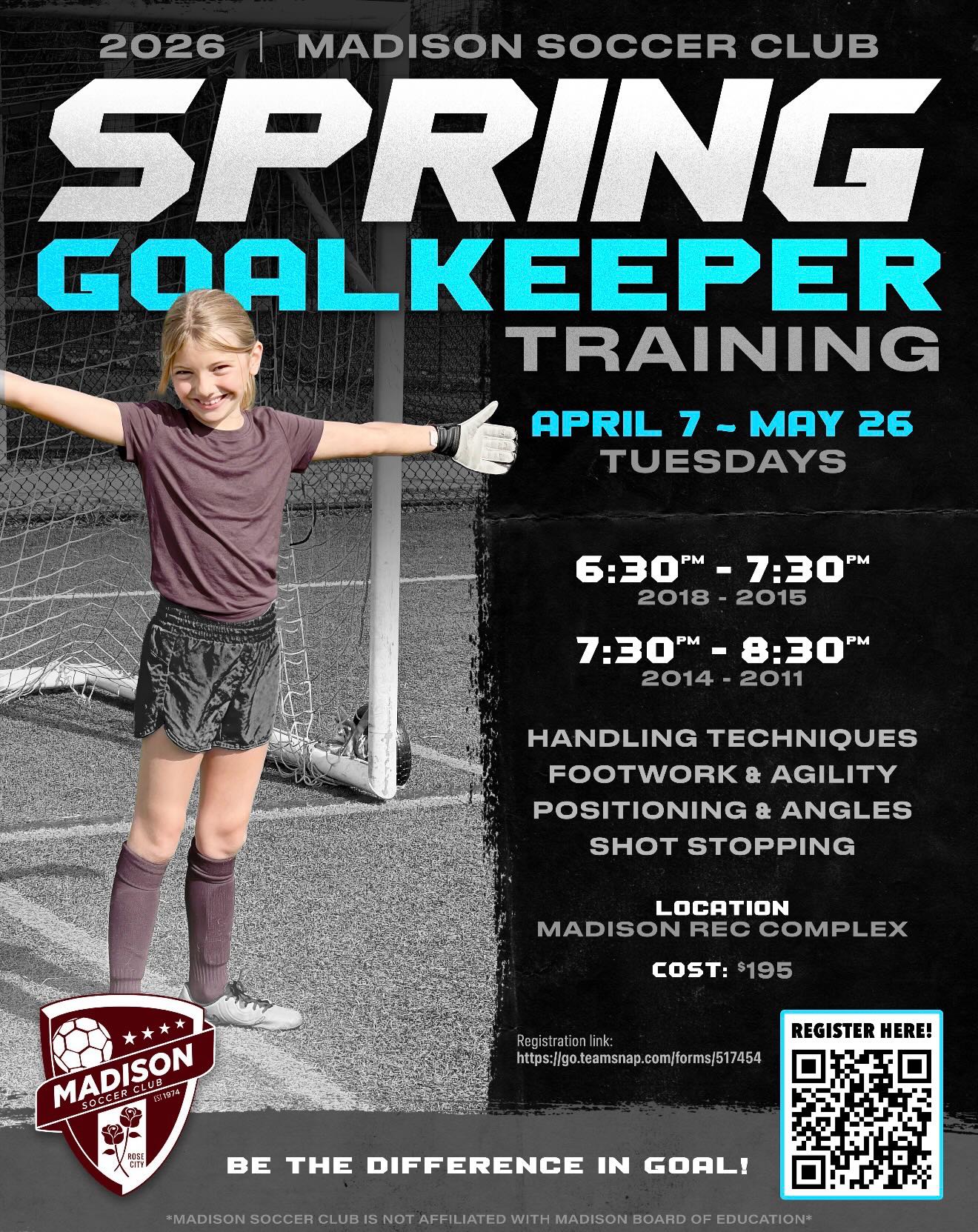 Check out our amazing Spring programming!!!
• Goalkeeper Clinic
• Skills & Ball Mastery
• Junior Kids Academy