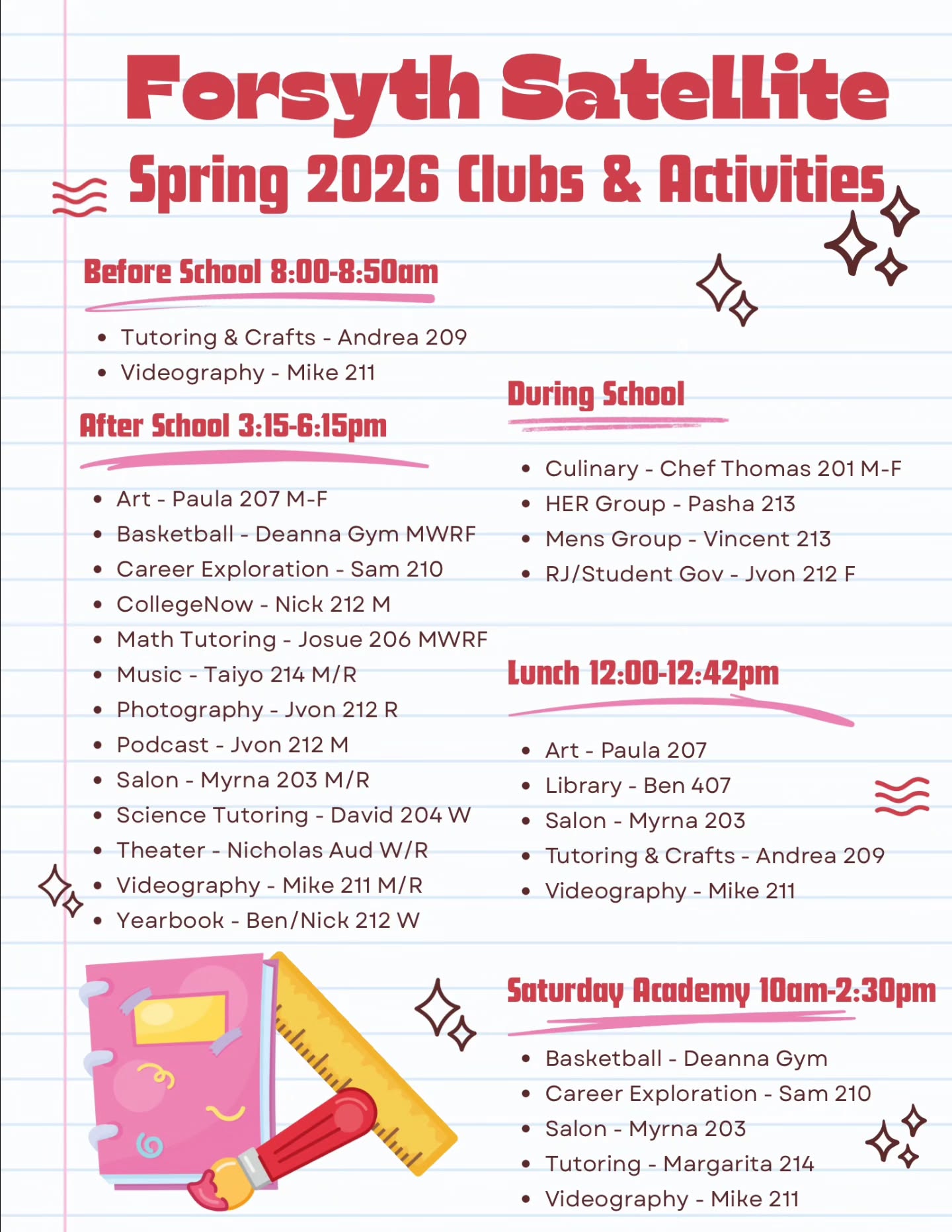 Hey Forsyth. It's cycle 4! Welcome to all of the students that will be starting with us this cycle. We have many clubs, organizations, and activities here so be sure to look over this flyer that outlines them all. If you are interested in any of these groups, please reach out to the adult listed after the name of the club.
#schoolisfun #forsyth #clubs #spring2026 #afterschool