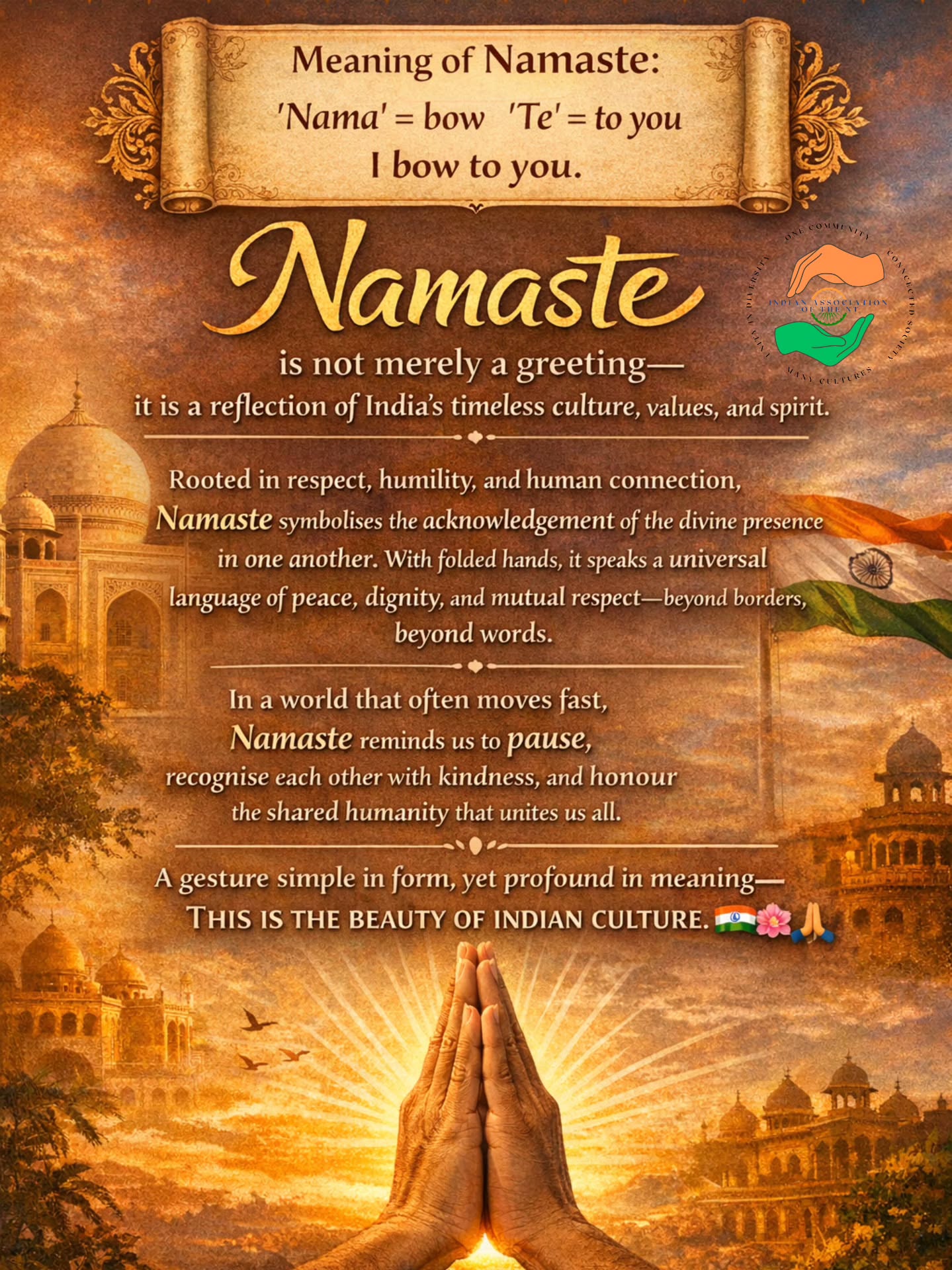 Let us begin our Know Your India Series with one of India’s most recognised and meaningful greetings — Namaste 🙏
Learn what it truly means when you say Namaste to someone, or when someone says Namaste to you — a simple word carrying deep respect, humility, and connection. 🇮🇳
@consulategeneralofindiaperth
@hcicanberra
