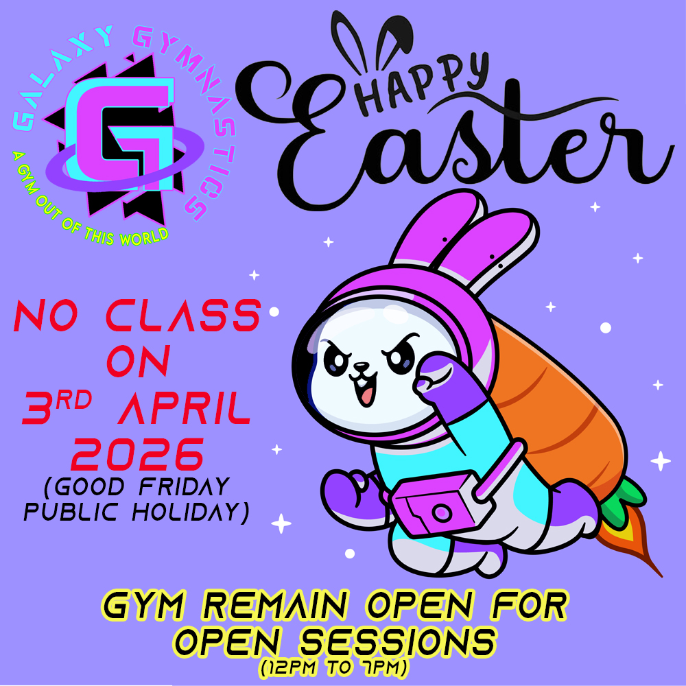 🌟 Holiday Notice, Galaxians! 🌟
Please note that there will be no classes on 3 April 2026 (Friday) in observance of Good Friday.
But the gym will still be open for Open Play Sessions from 12pm to 7pm — so come by for some fun movement and active play! 🚀
✅ Classes will resume on 4 April 2026 (Saturday)
Wishing all our students and families a wonderful long weekend and happy holidays. We’ll see you back in the gym soon! 💜
A Gym Out of This World!
#galaxygymnastics
#galaxygymnasticssg
#agymoutofthisworld
#pasirris
#farrerpark
#citysquaremall
#downtowneast