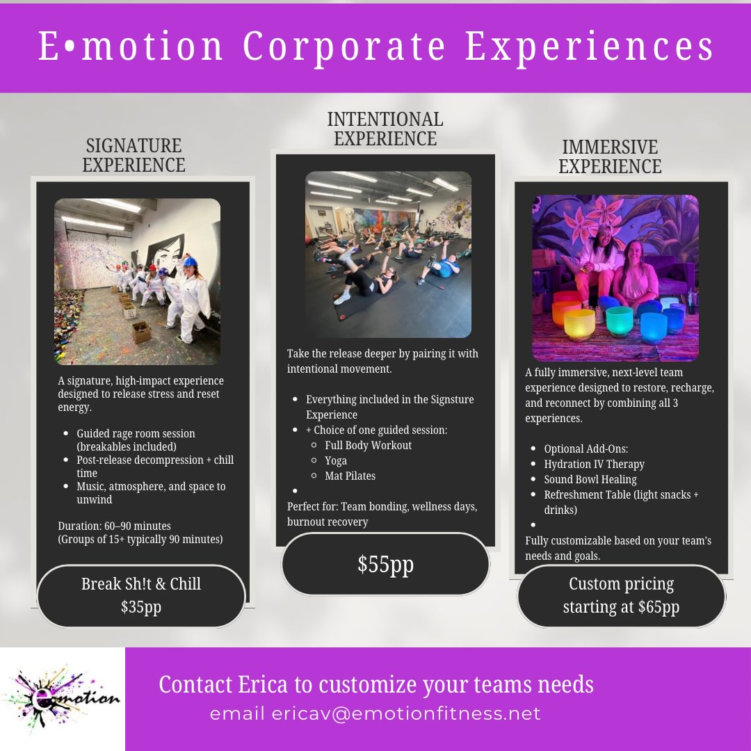 Not another 🍕party!
Your team deserves something they’ll actually talk about on Monday.
Rage room. Full body workout (optional). Recovery room. Starting at $35pp.
Corporate experiences now available at E·motion in Broomfield, CO — fully private, fully customizable, and nothing like anything they’ve done before.
📩 DM me or email ericav@emotionfitness.net to book
#CorporateWellness #TeamBuilding #ThingsToDoInDenver #NotAnotherPizzaParty #EmotionExperience TeamBonding DenverBusiness WorkplaceWellness