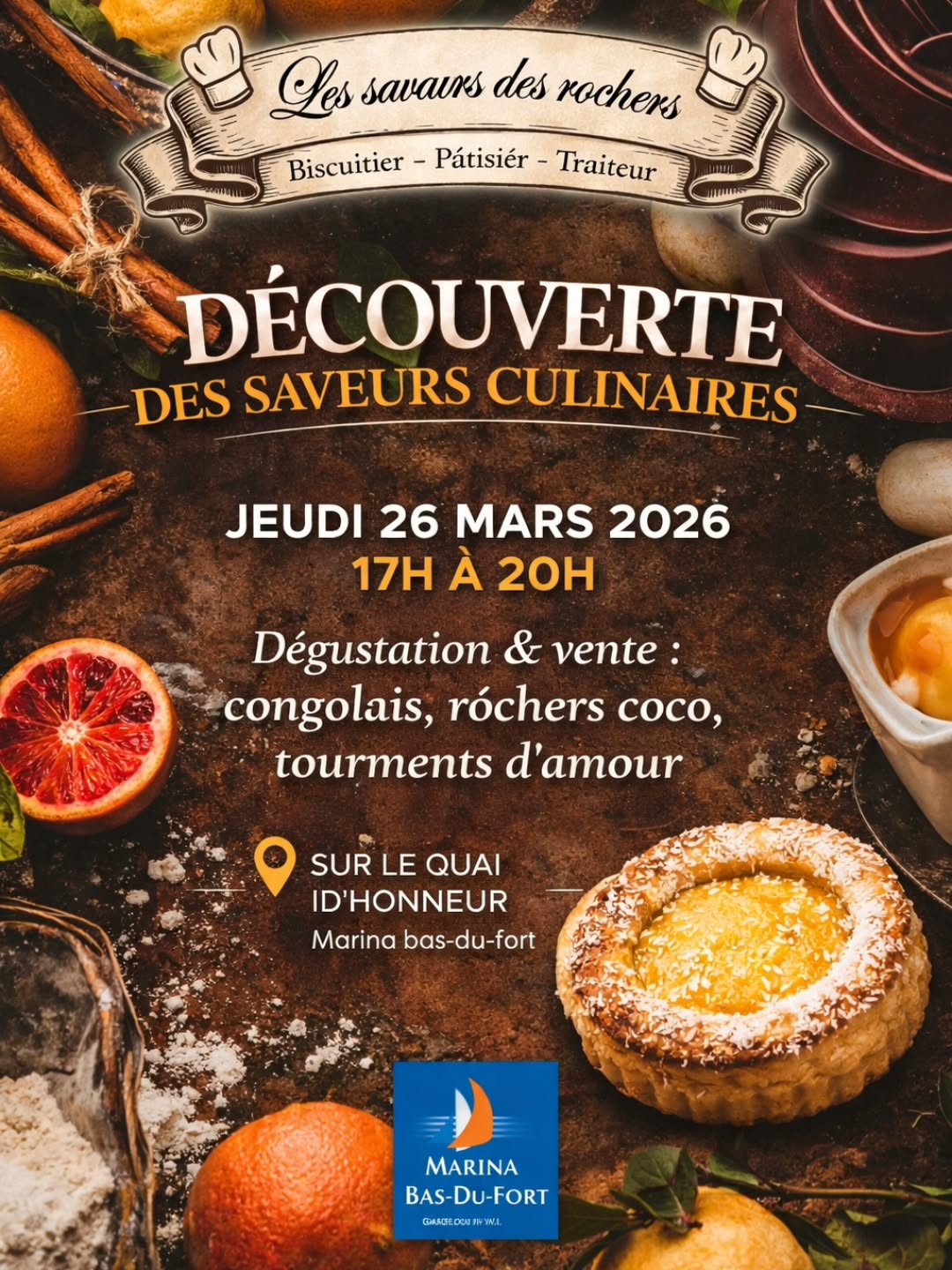 Aujourd’hui, nous vous présentons notre troisième et dernier artisan…
Les Saveurs des Rochers.
Une signature gourmande qui promet de ravir vos papilles avec des incontournables de notre patrimoine sucré, et notamment les célèbres tourments d’amour.
Jeudi 26 mars, la Marina bas-du-fort se transforme en véritable escale gourmande.
Au programme :
congolais, rochers coco, tourments d’amour…
Des saveurs authentiques, généreuses, qui parlent à notre culture.
De 17h à 20h, sur le quai d’honneur, venez découvrir, déguster et vous faire plaisir.
Vous venez par curiosité…
Vous repartez conquis.