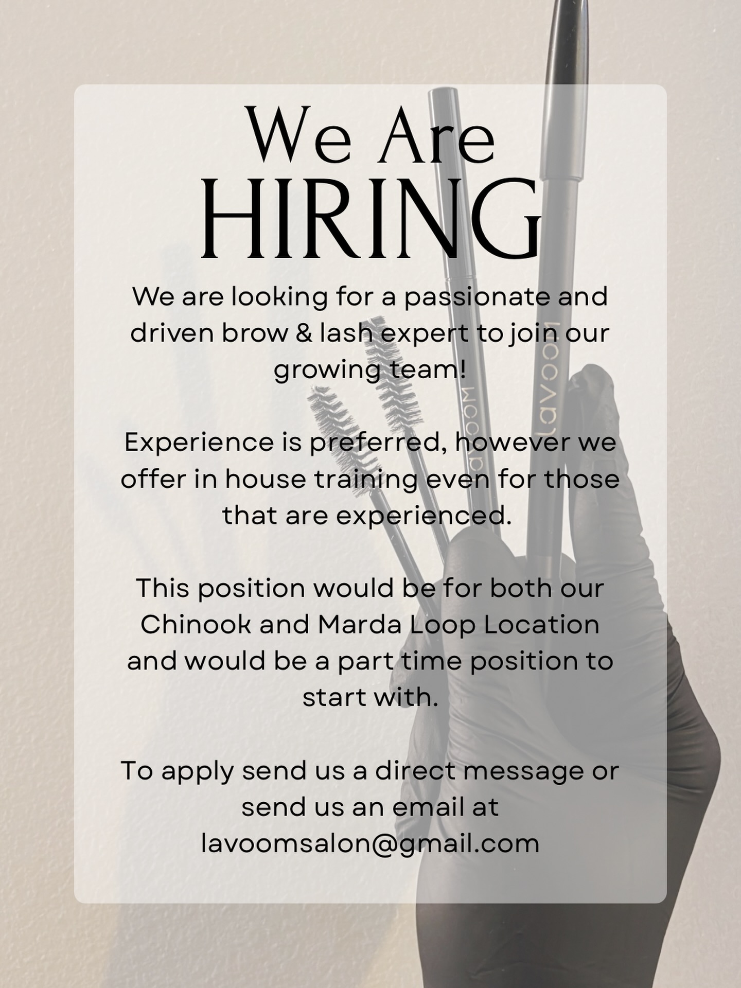 We Are Hiring! â¨
We are looking for a passionate and driven Brow & Lash Expert to join our growing team at Lavoom Salon!
Whether youâre a seasoned pro or looking to start your career in the beauty industry, we want to hear from you. We offer comprehensive in-house training for all skill levels to ensure youâre delivering the high-standard Lavoom experience our clients love.
The Details:
⢠Position: Part-time (with the potential to transition to full-time).
⢠Locations: Availability for both our Chinook and Marda Loop locations.
⢠Training: Provided in-house for all new hires.
How to Apply:
Ready to join the team?
⢠đĽ DM us right here on Instagram.
⢠đ§ Email us your resume at: lavoomsalon@gmail.com
We canât wait to meet our next beauty expert! đ¤