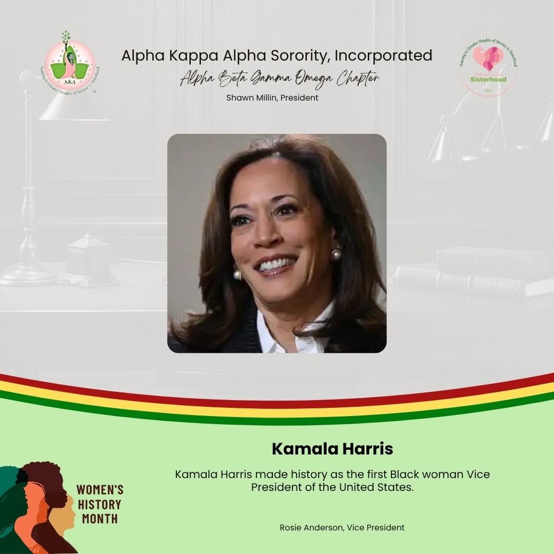 🌸 Women’s History Month Spotlight 🌸
Today we honor Kamala Harris.
A history-maker and trailblazer, Kamala Harris became the first Black woman, first South Asian woman, and first woman to serve as Vice President of the United States. Her leadership reflects a commitment to justice, equity, and service.
Her journey reminds us that barriers are meant to be broke and that representation at the highest levels matters.
✨ Historic. Powerful. Inspiring.
#WomensHistoryMonth #AKA1908 #BlackExcellence #KamalaHarris #WomenInLeadership
