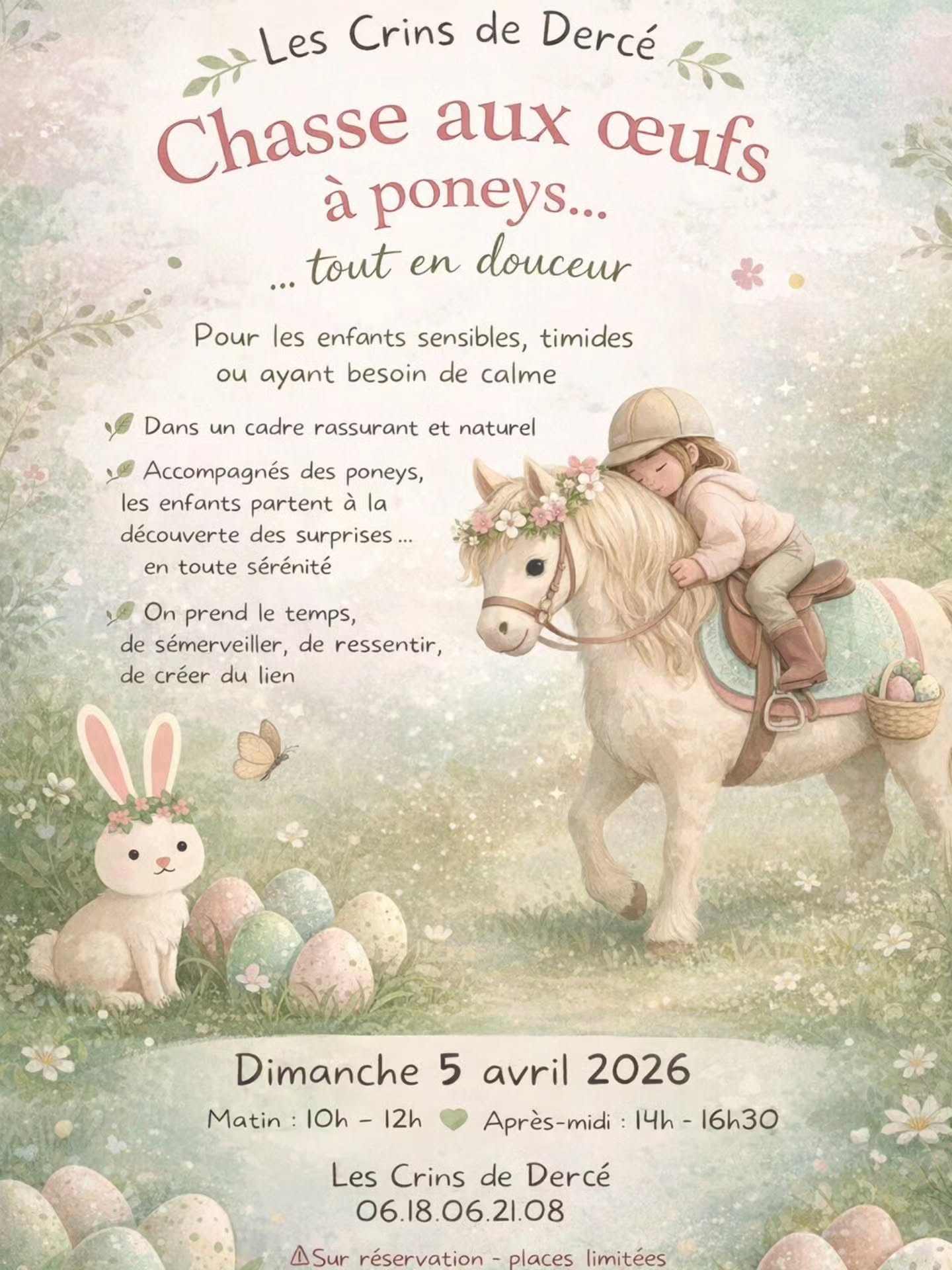 “Une chasse aux œufs pensée aussi pour les enfants qui ont besoin de douceur 💛”
🐴🥚 Chasse aux œufs à poneys… tout en douceur
À LES CRINS DE DERCE poney club, cette chasse aux œufs est pensée comme un moment apaisant et bienveillant ✨
🌿 Pour les enfants sensibles, timides ou ayant besoin de calme
🌿 Dans un environnement rassurant et naturel
🌿 Au rythme de chaque enfant, sans pression
Accompagnés des poneys, les enfants partent à la découverte des surprises… en toute sérénité 💛
Ici, on prend le temps
Le temps de s’émerveiller, de ressentir, de créer du lien 🐴
📅 Dimanche 5 avril 2026
🕙 Matin : 10h – 12h
🕑 Après-midi : 14h – 16h30
📍 Les Crins de Dercé
📞 06 18 06 21 08
⚠️ Sur réservation – places limitées