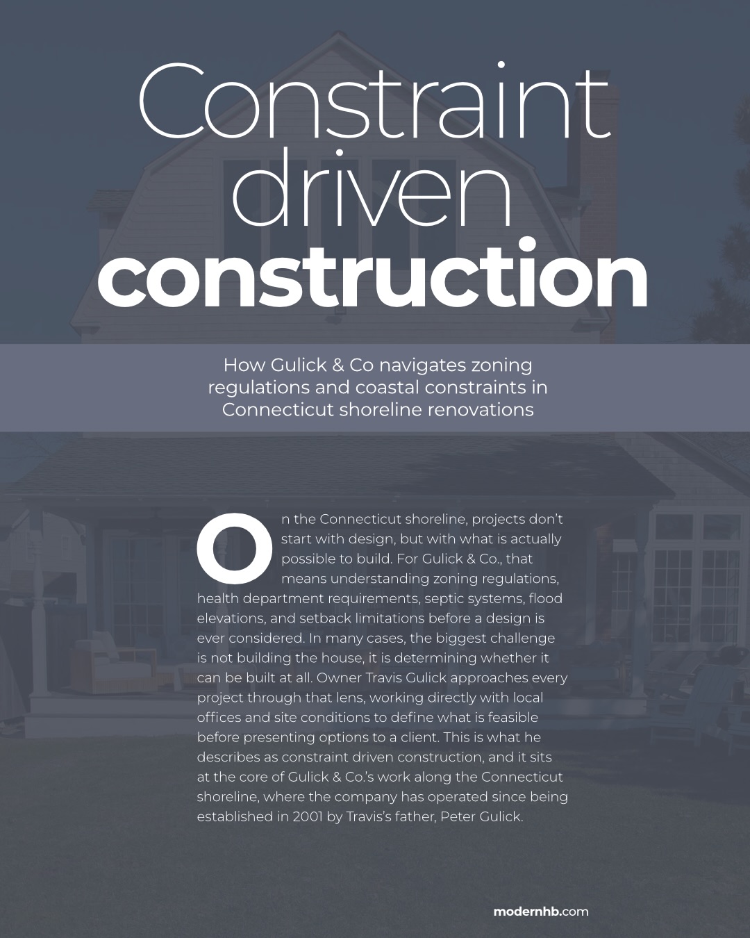 Did you know that most of our projects don’t start with design? They start with what’s actually possible to build.
Most Shoreline projects don’t begin with finishes or floor plans. They begin with zoning, septic, flood elevation, setbacks, and what the property will actually allow. That problem solving piece is why we love what we do, a huge part of how we work, and it’s exactly what this new Modern Home Builders feature gets into. Grateful to be featured in a piece that captures how we approach projects here on the Connecticut Shoreline. Sending a huge thank you to @modernhomebuildersmagazine for the beautiful article. Proud to stand with all the other incredible builders in the March Issue.
Read the full feature at the link in our bio ⬆️⬆️⬆️
#constraintdrivenconstruction #newenglandbuilder #modernhomebuilders #designbuildrenovate #construction