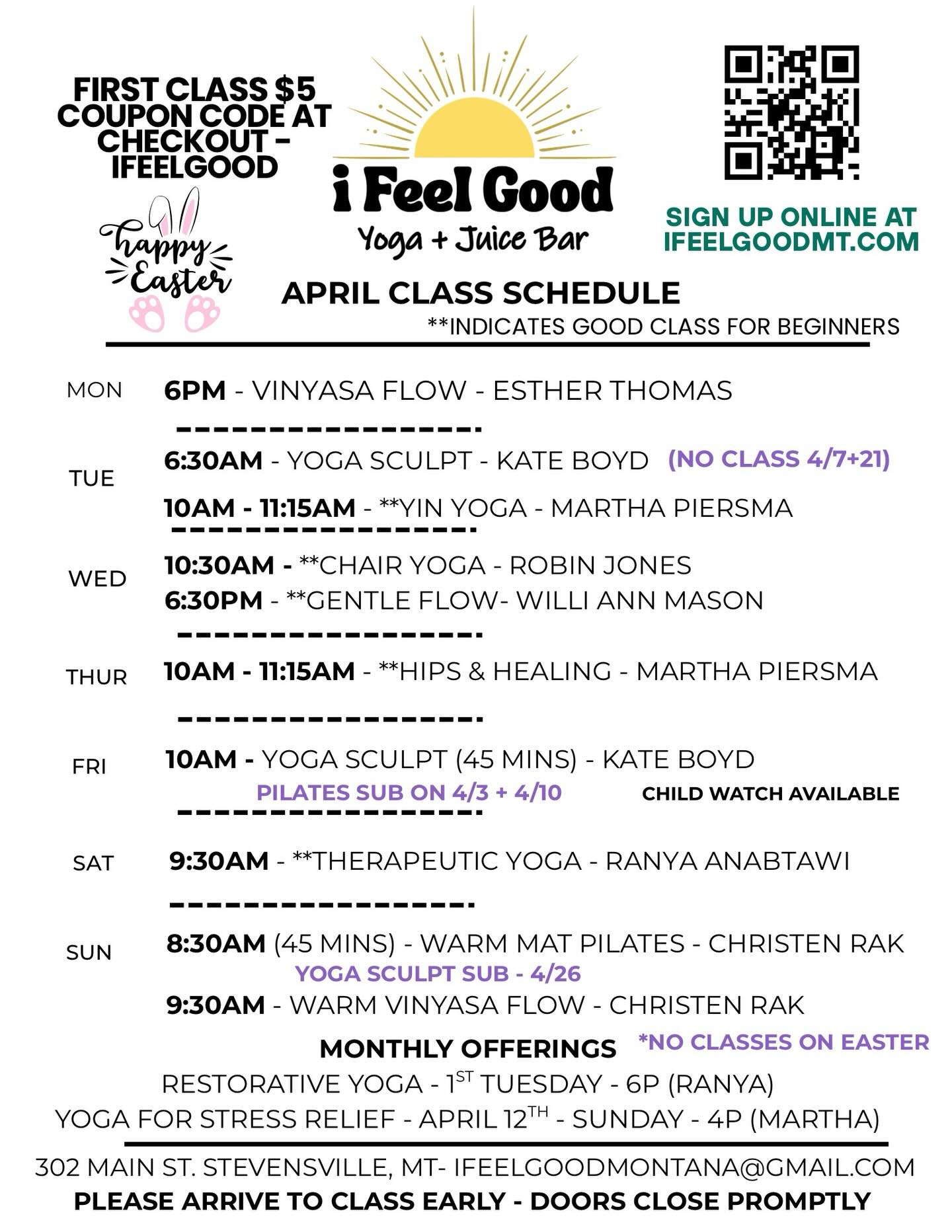 April is here and we’re feeling GOOD 🌿☀️
Whether you’re brand new or part of our regular crew, we’ve got something for you this month
Beginner friendly classes marked with **
✨ First class just $5 with code IFEELGOOD
📍 302 Main St, Stevi
Come move with us → ifeelgoodmt.com