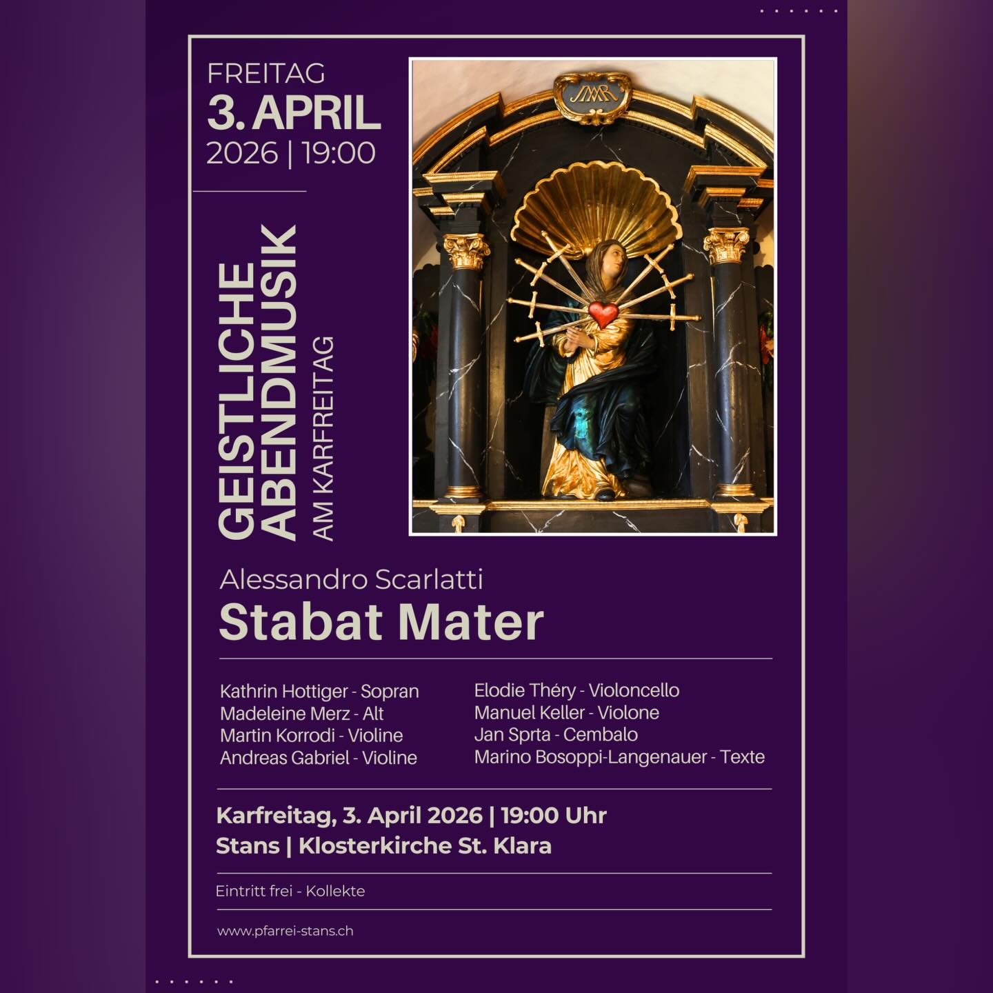 Karfreitag in Stans, 3. 4. 2026, Klosterkirche St. Klara, 19:00 Uhr.
Herzliche Einladung!
#karfreitag#stans#pergolesi#kirchenmusik#nidwalden