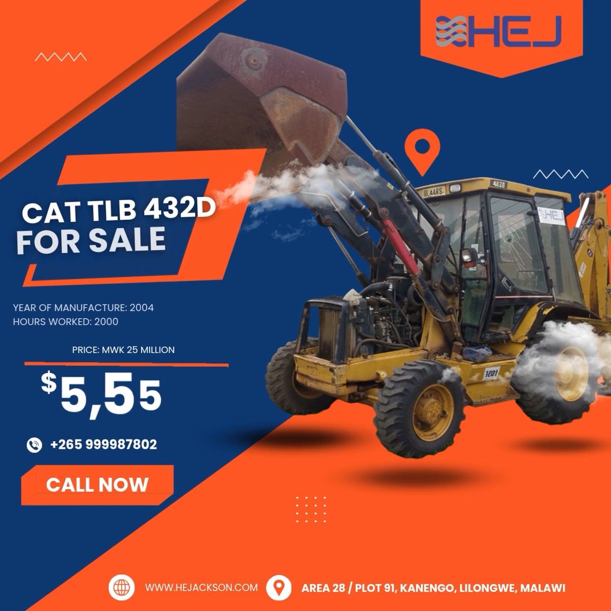 ⚠️ CATERPILLAR TLB 432D for sale - Malawi‼️‼️‼️
Equipment type: TLB
Make: Caterpillar
Model: 432D
Serial No. CAT0432DVWEP00347
Year of Manufacturing: 2004
Hours worked: 2000
Offer price: MWK 25 Million / USD 5,555
Contact H.E. Jackson Engineering Malawi here: sales@hejackson.com or directly here: +265 999987802