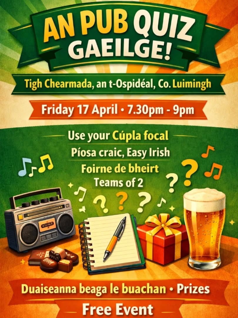 Tráth na gceist as Gaeilge in Ospidéal Contae Luimnigh, Tigh Chearmada🥳⁉️
Ní ghá clárú don imeacht seo✨