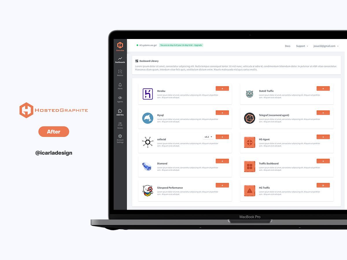 Quick redesign for Hosted Graphite Dashboard Library. Swipe ⬅️ to see how it used to look before to compare.
___
Hosted Graphite provides a simple cloud monitoring service used by thousands of companies. It collects data at scale from applications and servers and sends notifications in case of detecting strange behaviors of the servers. It shows the data in attractive interactive graphs and provides a real-time picture of what happens with technology.
#ui #uidesign #uidesigner #ux #uiux #uxdesign #uxdesigner #productdesign #uireskinning #design #orange #tech #it #hostedgraphite #metricfire #software #monitoring