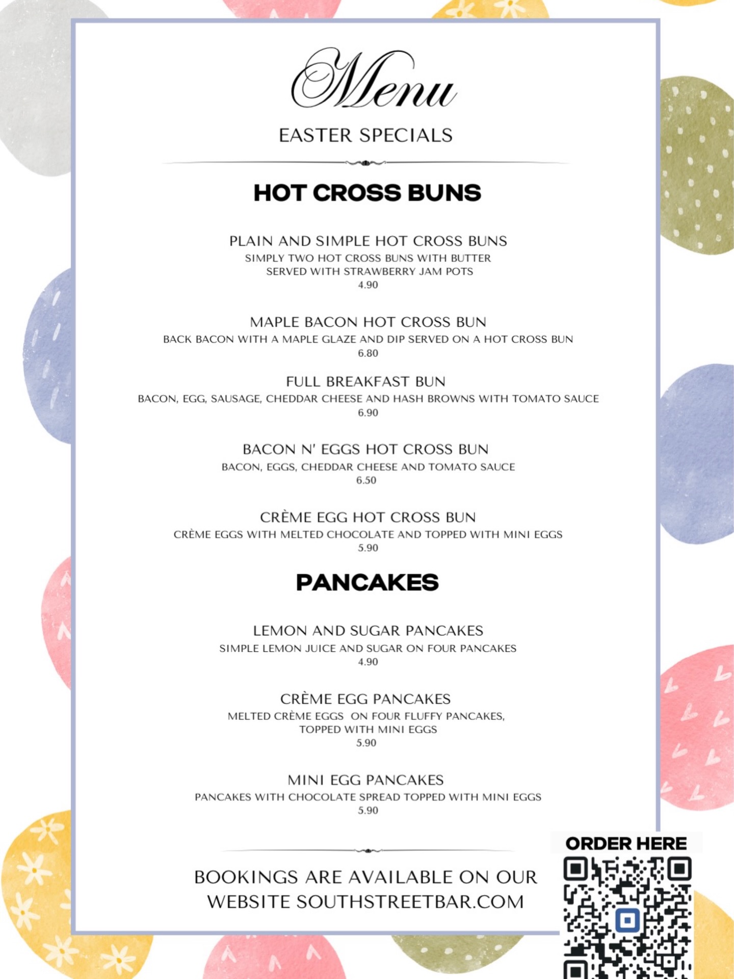 🐣✨ Our Easter specials have landed ✨🐣
We’ve got something a little different on the menu this season… from sweet pancake stacks to hot cross bun creations you need to try for yourself 🤍
On the specials menu:
🥯 Plain & Simple Hot Cross Buns
🍁 Maple Bacon Hot Cross Bun
🍳 Full Breakfast Bun
🧀 Bacon N’ Eggs Hot Cross Bun
🍫 Crème Egg Hot Cross Bun
🥞 Lemon & Sugar Pancakes
🐰 Crème Egg Pancakes
🍬 Mini Egg Pancakes
Perfect for a cosy breakfast, brunch treat, or a little Easter indulgence 🌸
Pop in and give them a try while they’re here — seasonal specials won’t be around forever 💛 Which one are we trying first? 👇
#EasterSpecials #SouthStreetBar #BrunchTime #HotCrossBuns #PancakeLovers