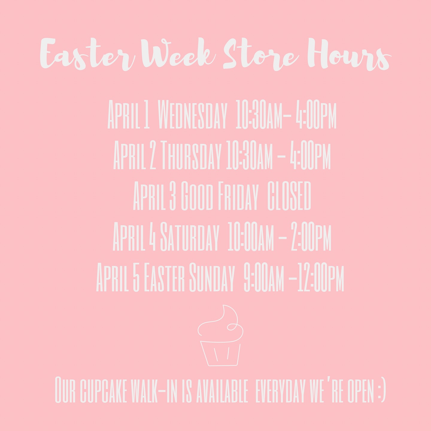 A little Easter update 🐰
We’ll be closed Friday, then back for the weekend — including Easter Sunday 9am–12pm!
Be sure to place your orders today (link in bio) if you’d like them ready for Saturday 🧁🍰🍪
#EasterCupcakes #EasterTreats #EasterDesserts #MississaugaBakery #MississaugaCakes #StreetsvilleBakery #GTABakery #NutFreeBakery #NutFreeCakes #ButtercreamCakes #BirthdayCakes #CupcakeLovers #EasterWeekend #SweetTreats #LocalBakeryMississauga