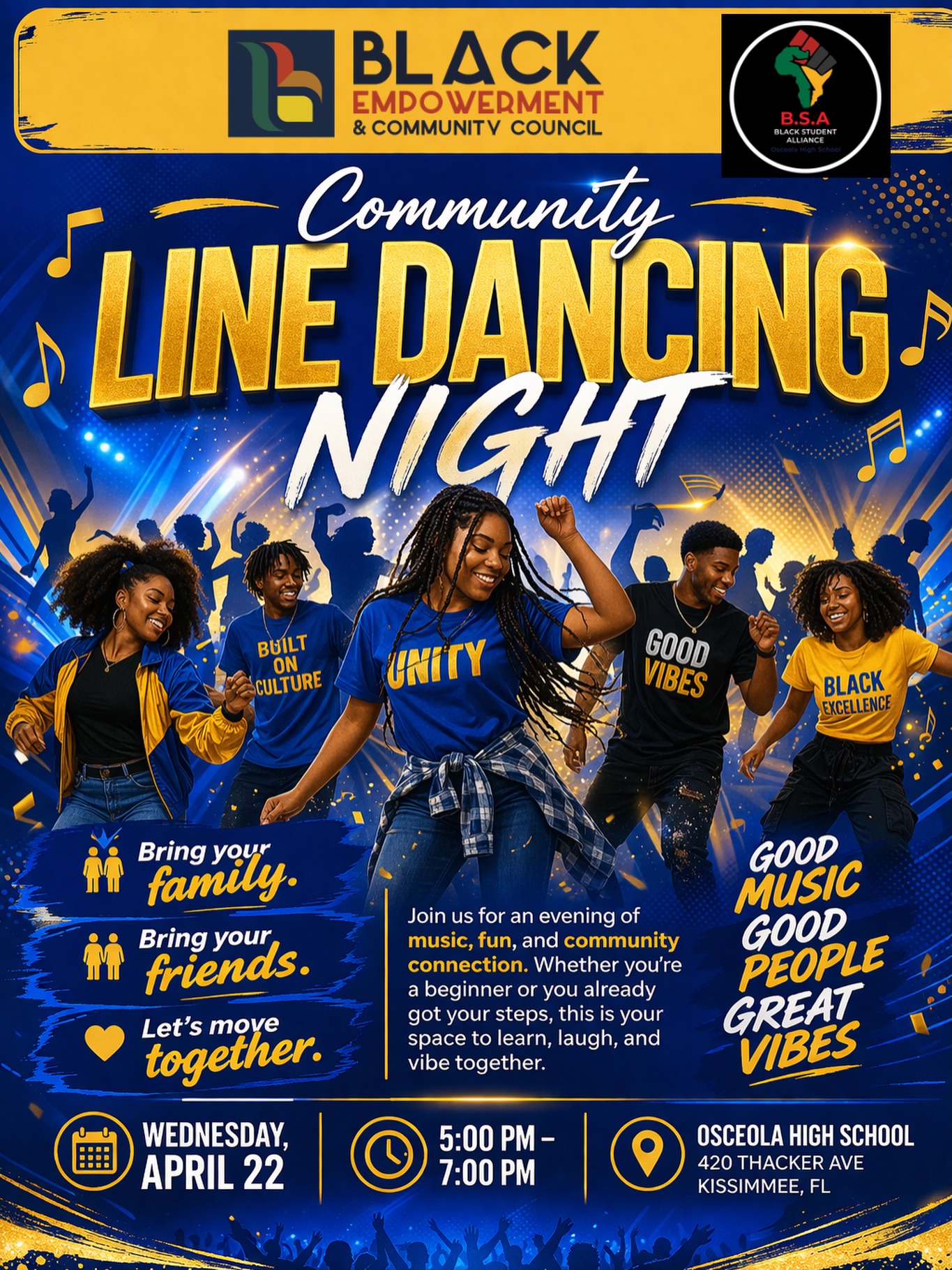 The Black Empowerment & Community Council is teaming up with the Black Student Alliance at Osceola High School to bring something special to the community.
Community LINE DANCING NIGHT is here. And it’s FREE for the community!
This is what it looks like when we create space for joy, connection, and culture right here in Kissimmee. Music. Movement. Community all in one room.
Bring your family.
Bring your friends.
Come ready to learn a few steps, laugh a little louder, and be in community together.
📅 Wednesday, April 22
⏰ 5:00 PM – 7:00 PM
📍 Osceola High School
420 Thacker Ave, Kissimmee
Light refreshments will be available. The vibe is set.
⸻
We’re also opening the door for our community to be part of this experience.
Vendor space is just $25, and every dollar helps BECC continue bringing programs like this directly to our community.
If you’re a business, brand, or entrepreneur ready to connect, we want you in the room.
For vendor and sponsorship details, email:
connect@beccouncil.org
Let’s build community the right way.