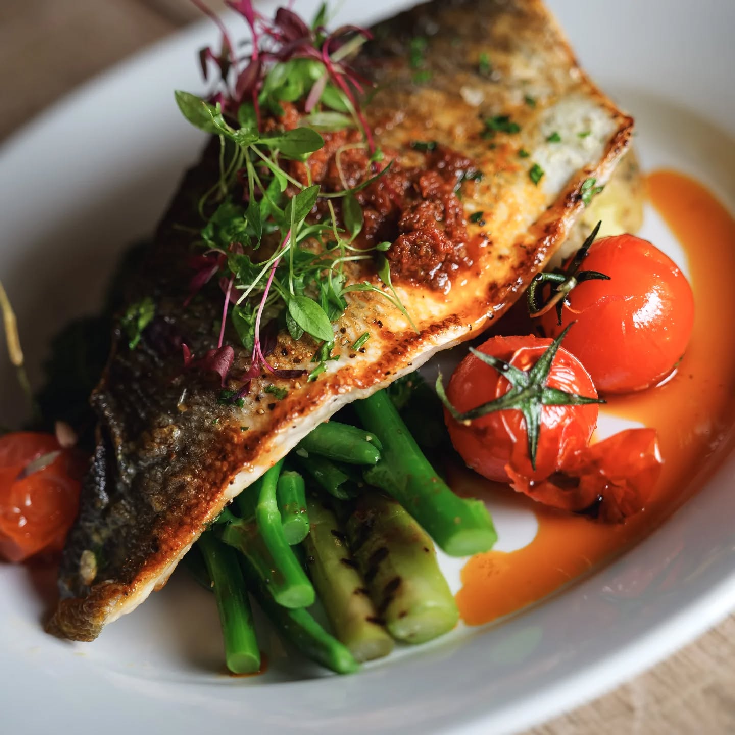 Coming this Wednesday....
Grilled seabass, crushed new potatoes, seasonal greens & red pesto
This was certainly our staff favourite!